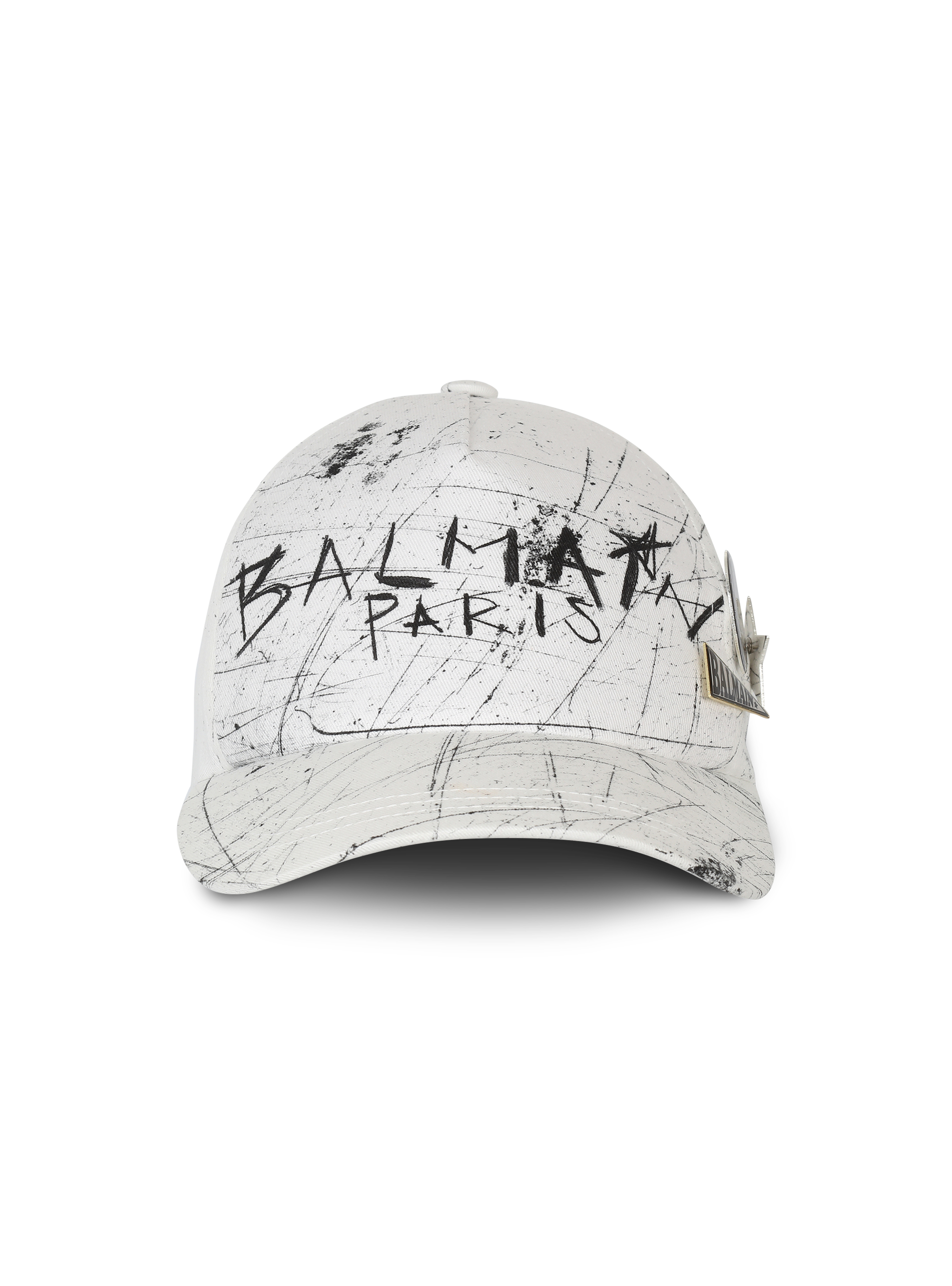 Cotton cap with graffiti Balmain logo, white, hi-res