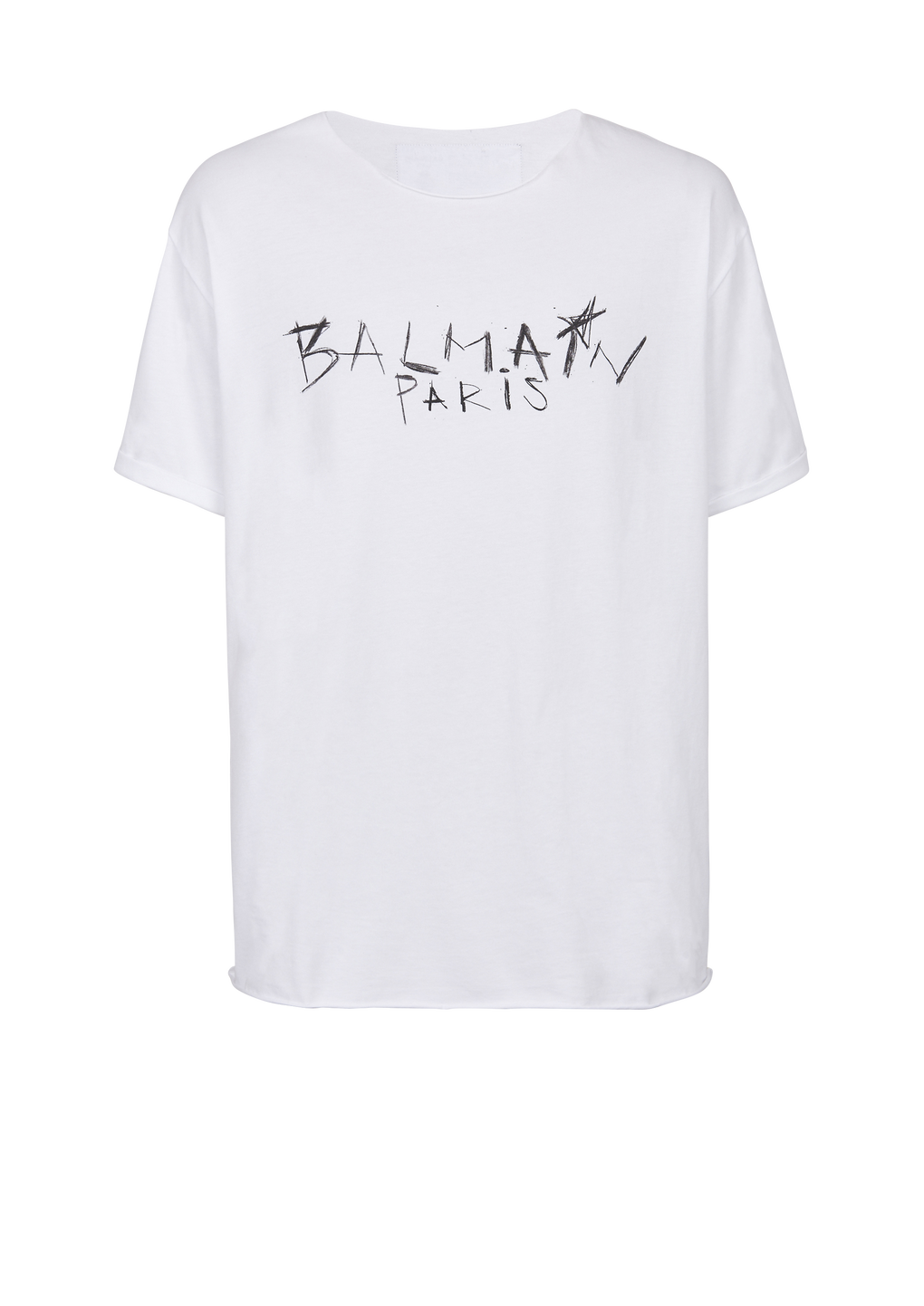 Cotton T-shirt with Balmain Paris graffiti logo print, white, hi-res
