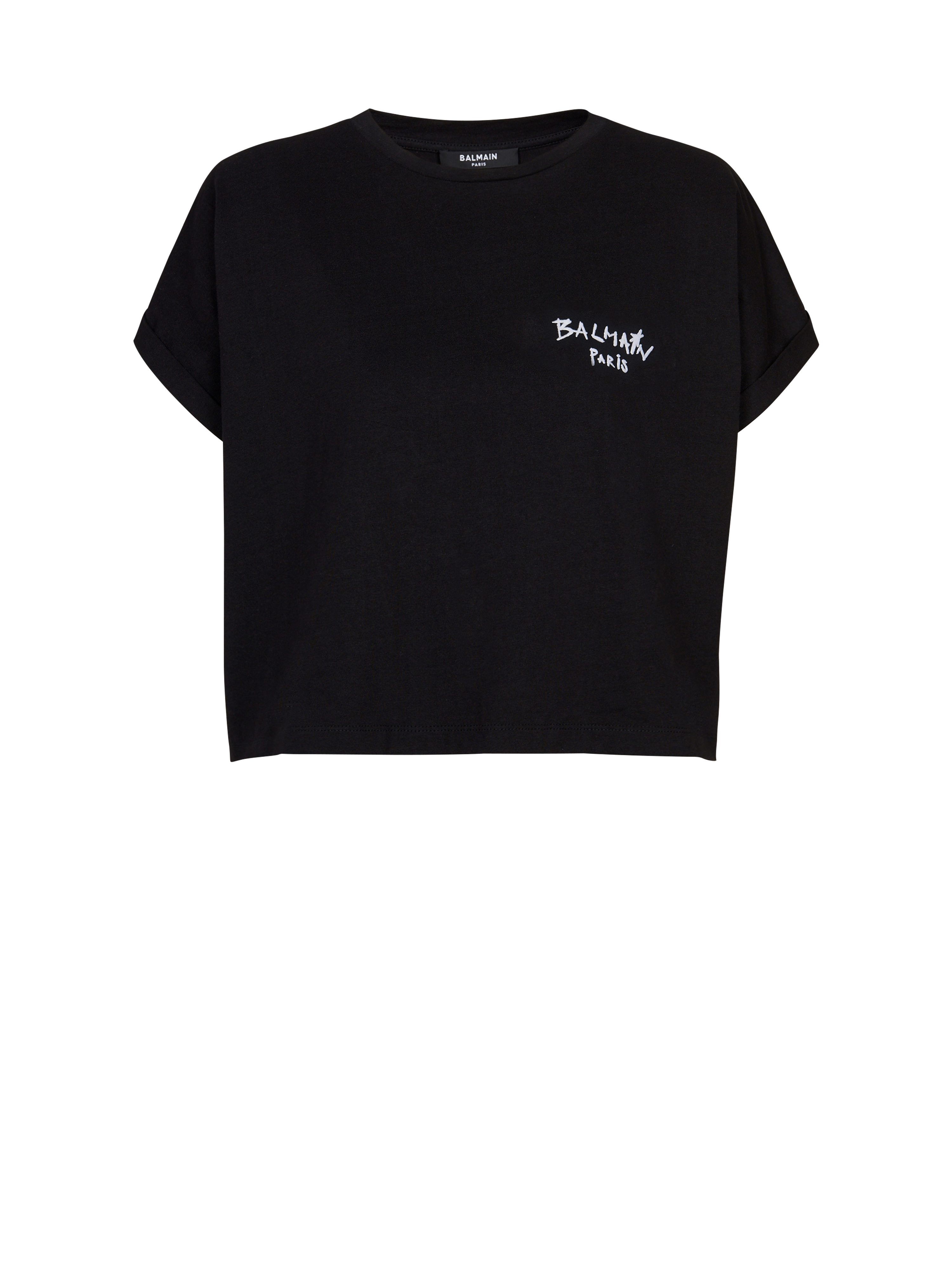 Cropped cotton T-shirt with small flocked graffiti Balmain logo, black, hi-res
