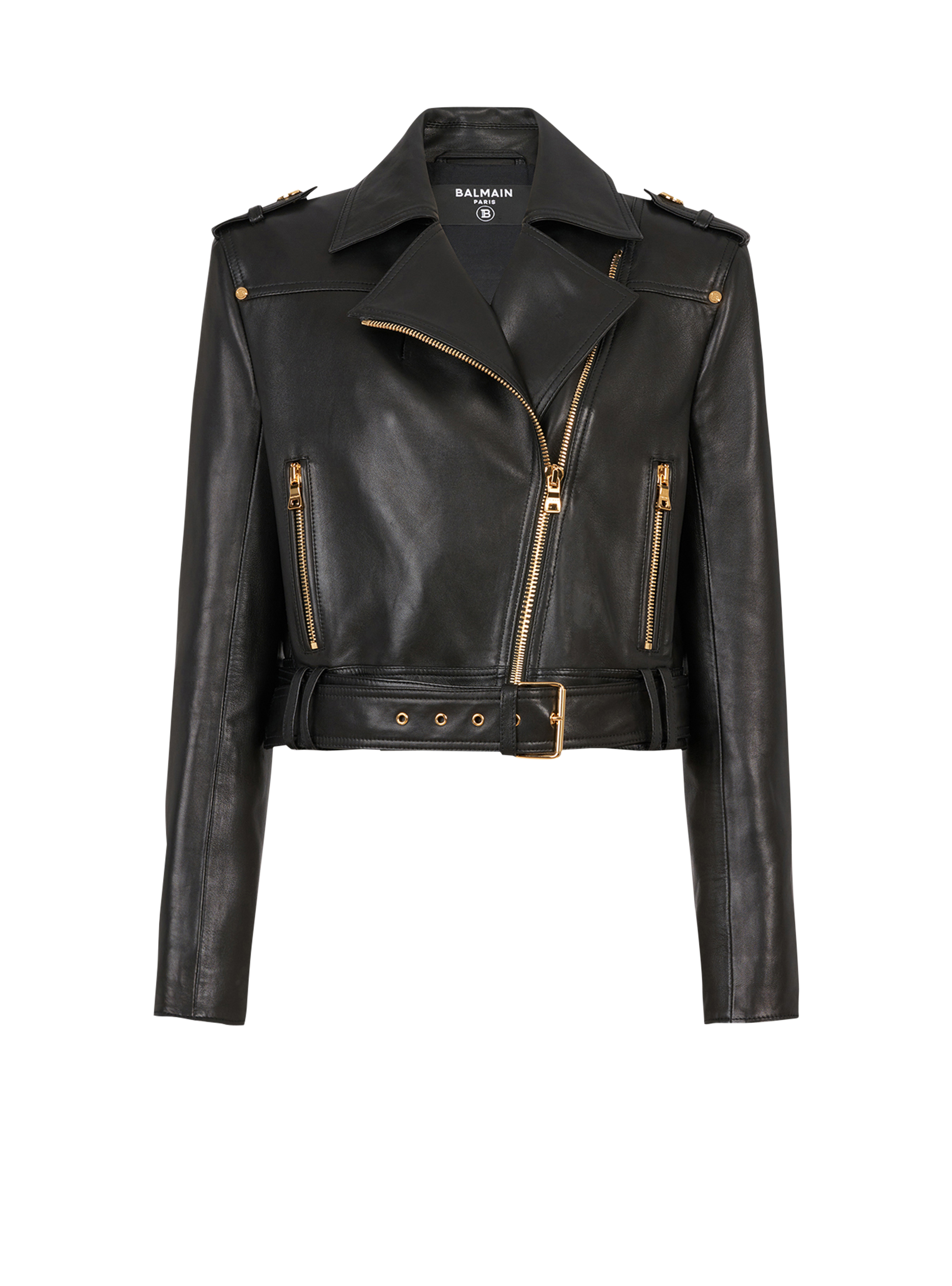 Cropped leather biker jacket , black, hi-res