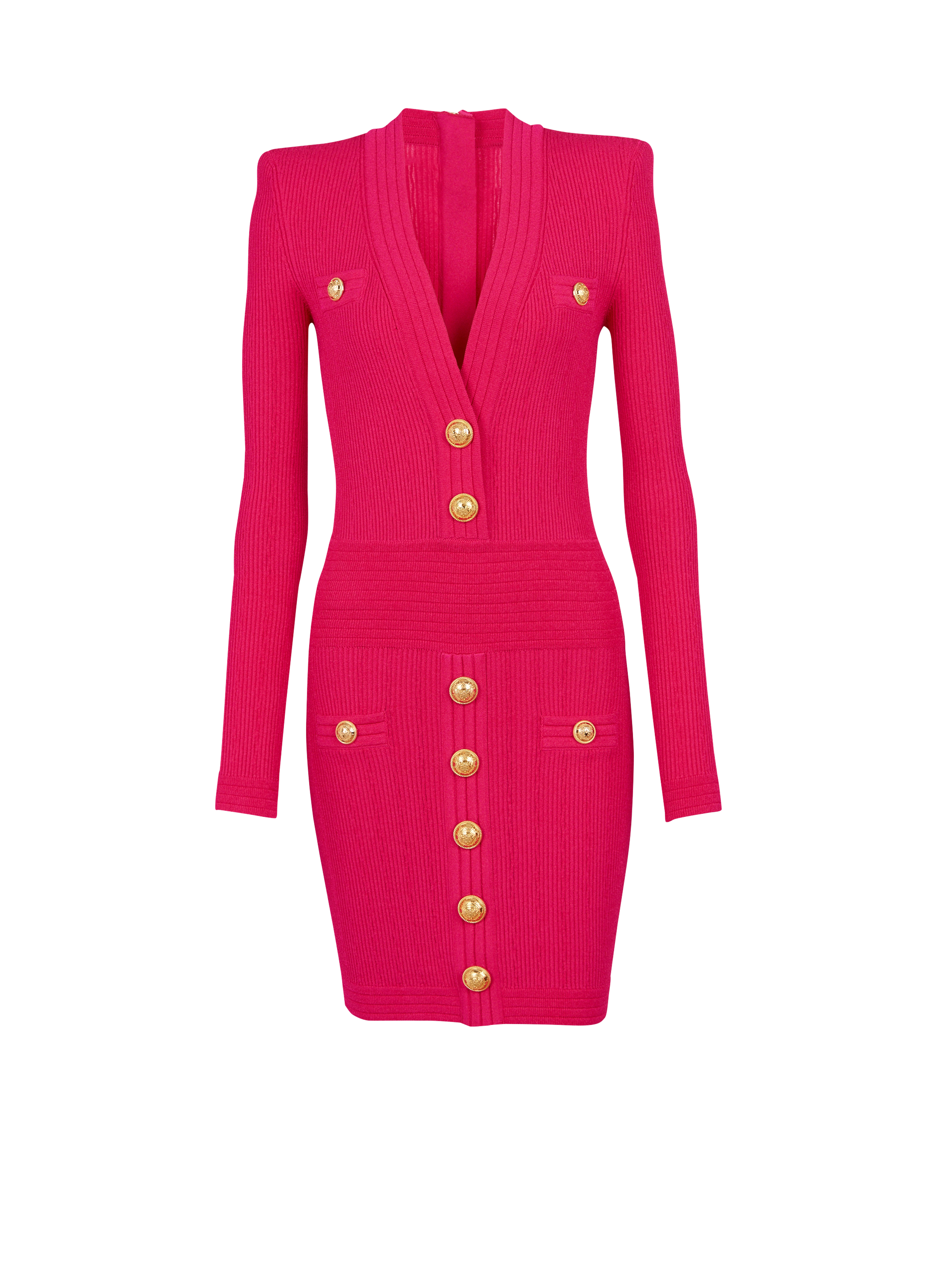 Short eco-designed knit dress with gold-tone buttons, pink, hi-res