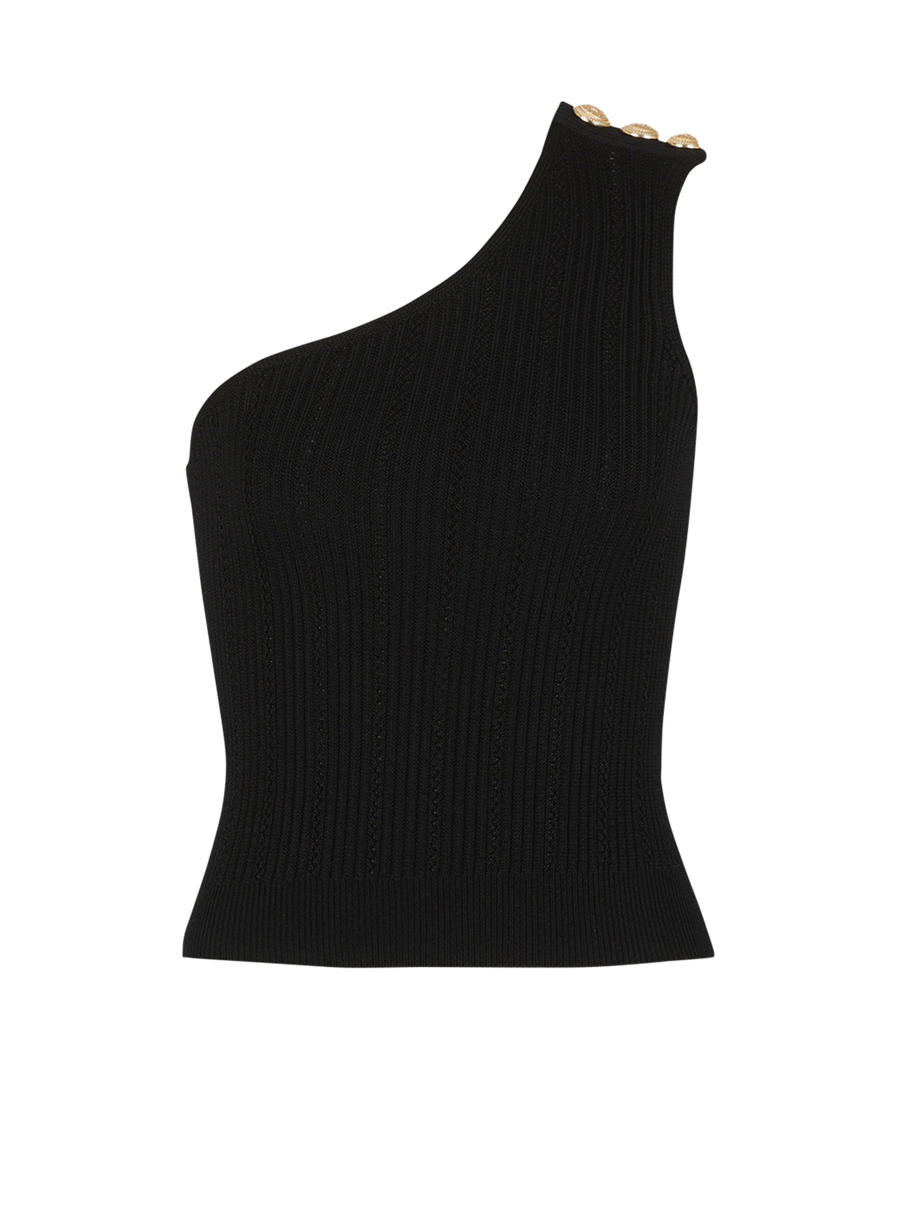 Asymmetrical eco-designed knit crop top, black, hi-res