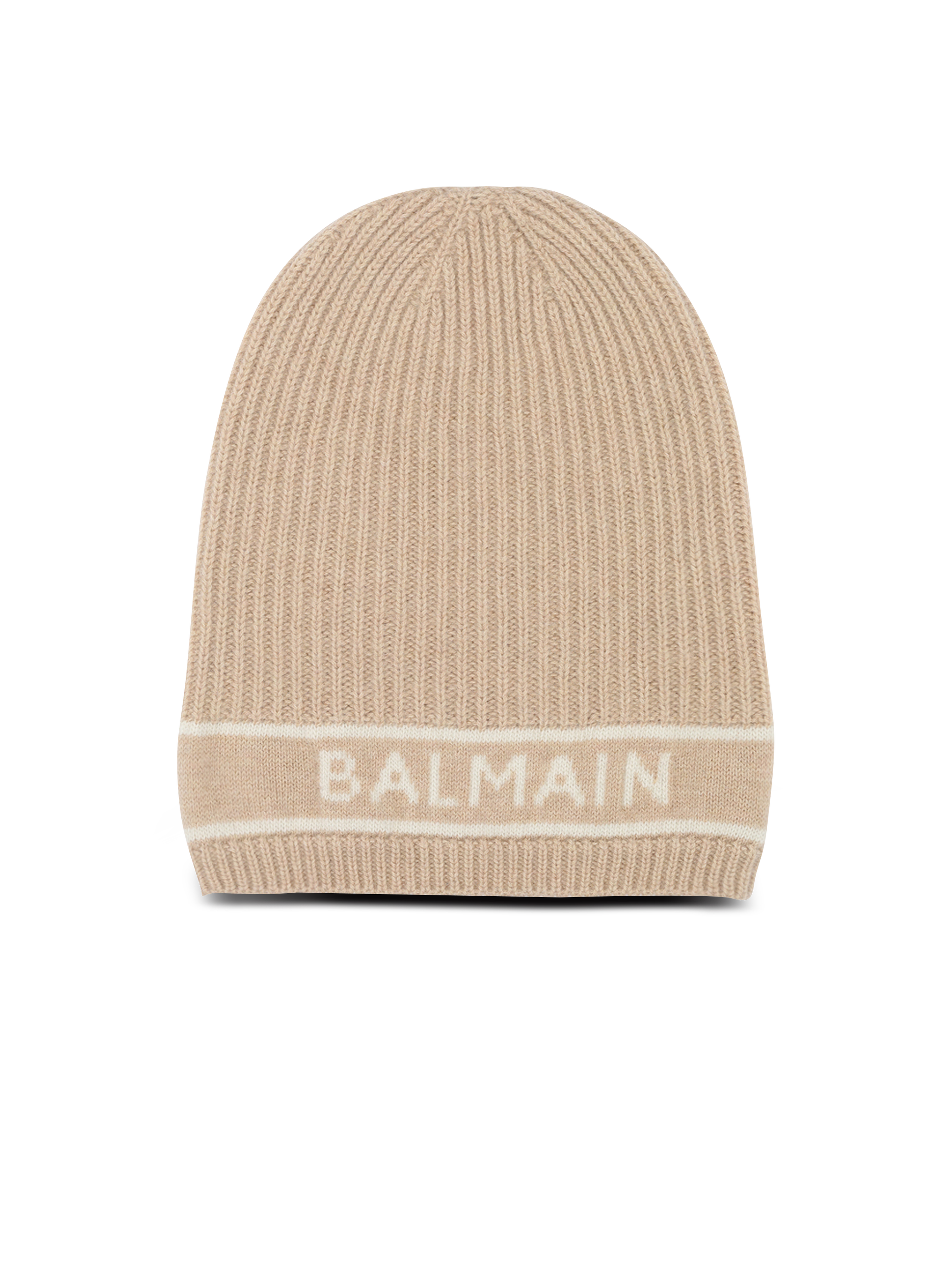Wool beanie with embroidered Balmain logo, beige, hi-res