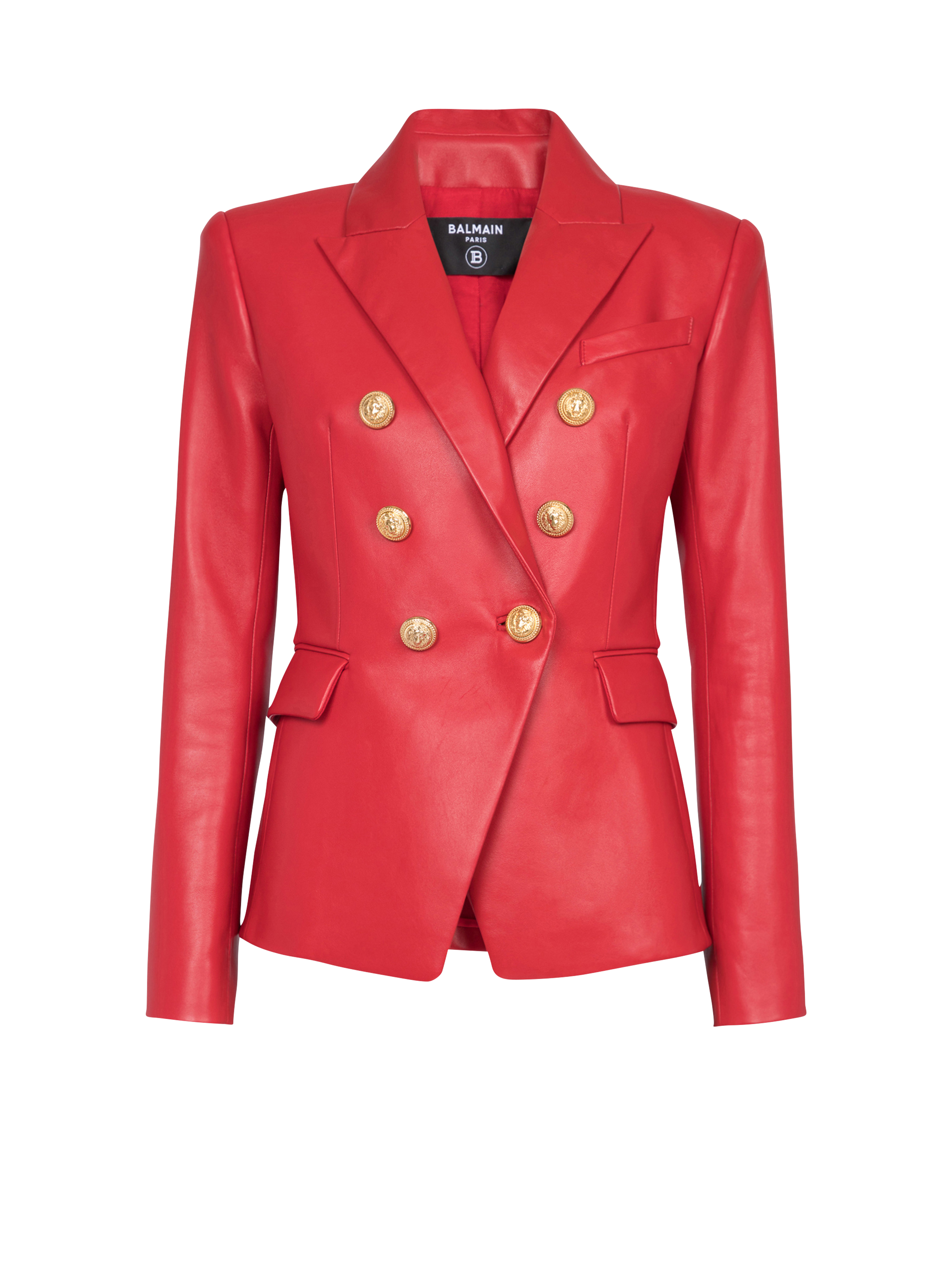 Double-breasted leather blazer, red, hi-res