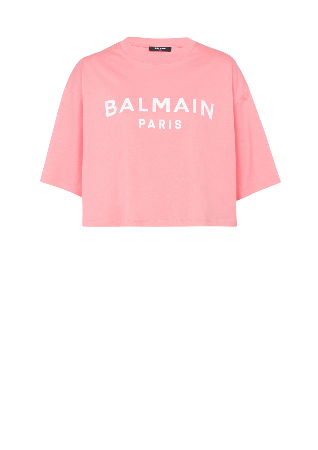 Cropped eco-designed cotton T-shirt with Balmain logo print, pink, hi-res