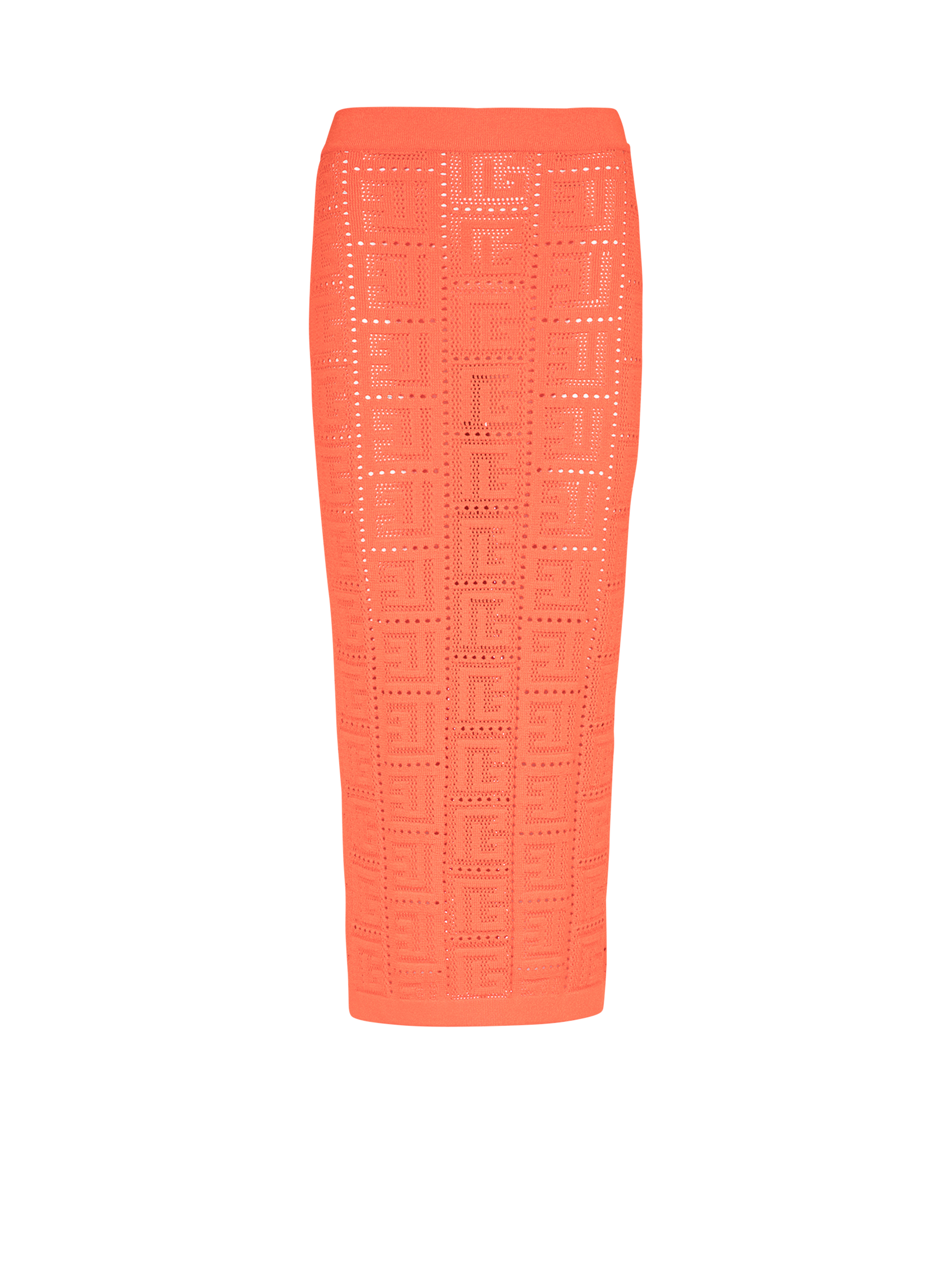 Mid-length eco-designed knit skirt with Balmain monogram, orange, hi-res