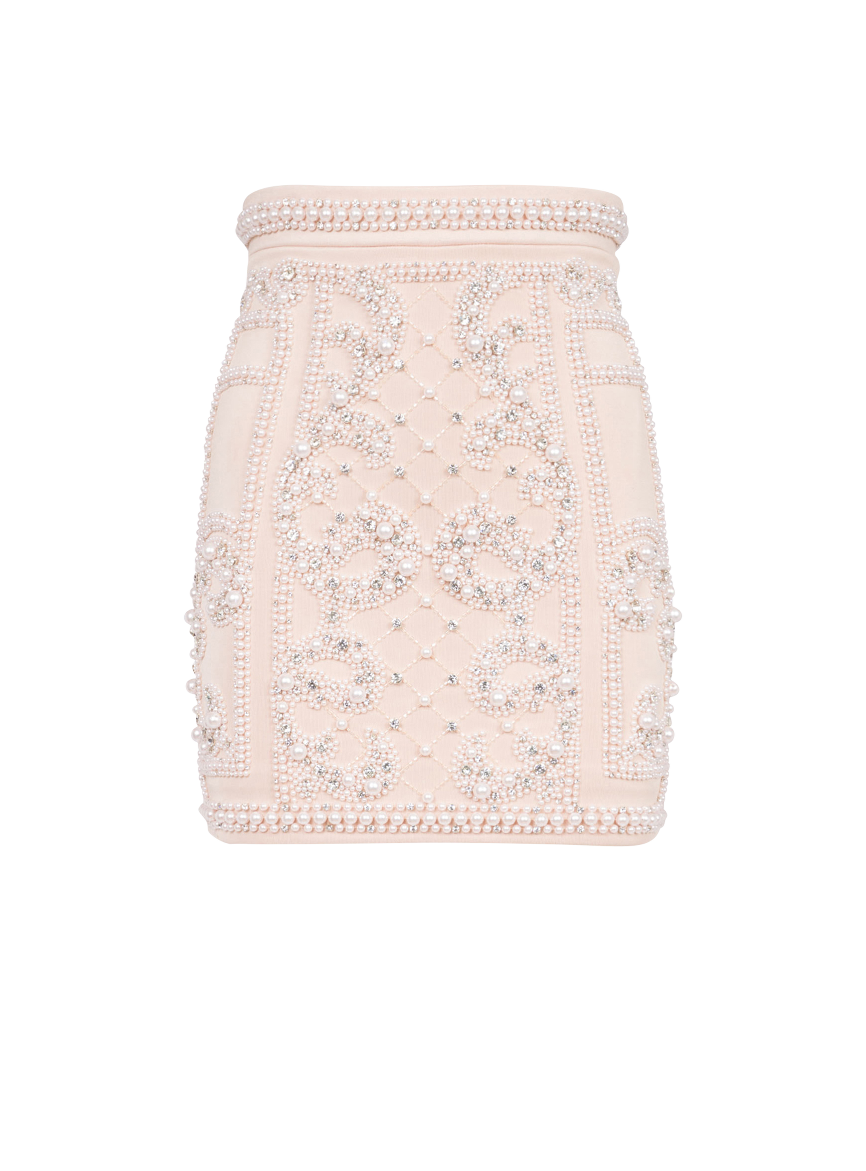 Short embroidered high-waisted skirt, beige, hi-res