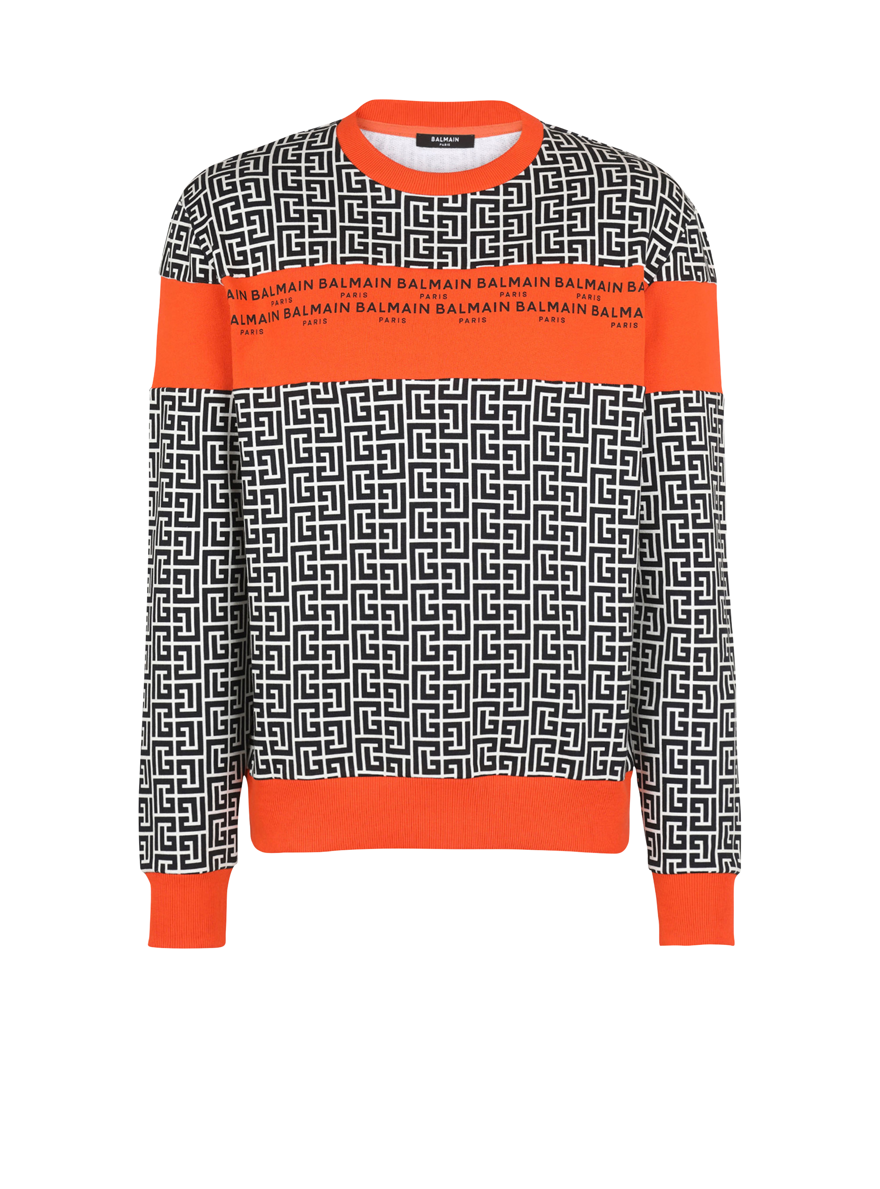 Eco-designed cotton sweatshirt with Balmain monogram logo print, orange, hi-res