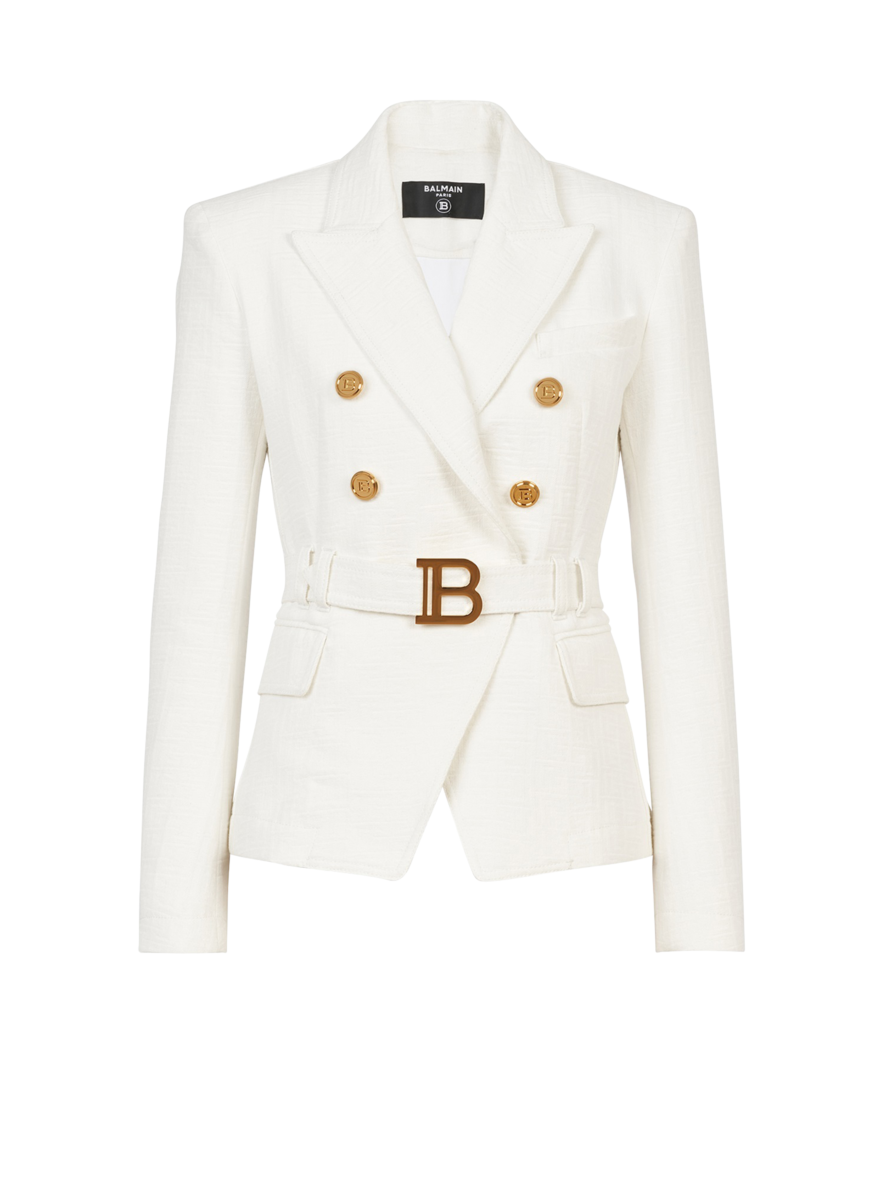 Double-breasted cotton blazer with Balmain buckle, white, hi-res