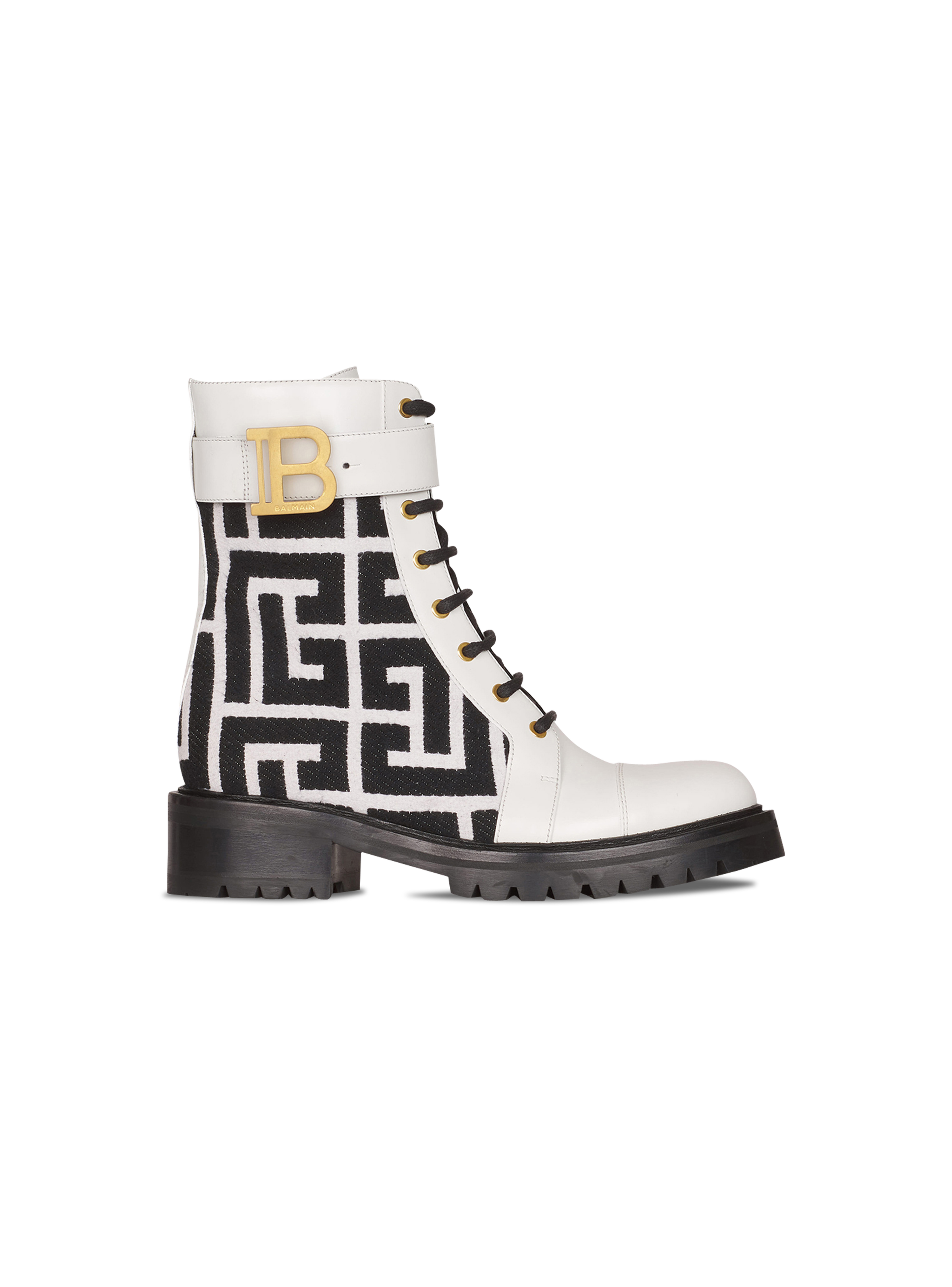 Bicolor jacquard Ranger Romy ankle boots with Balmain monogram, black, hi-res