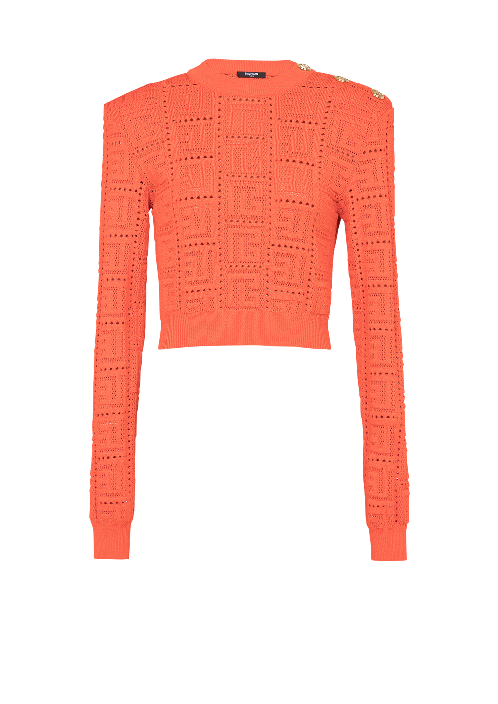 Cropped eco-designed sweater with Balmain monogram, orange, hi-res