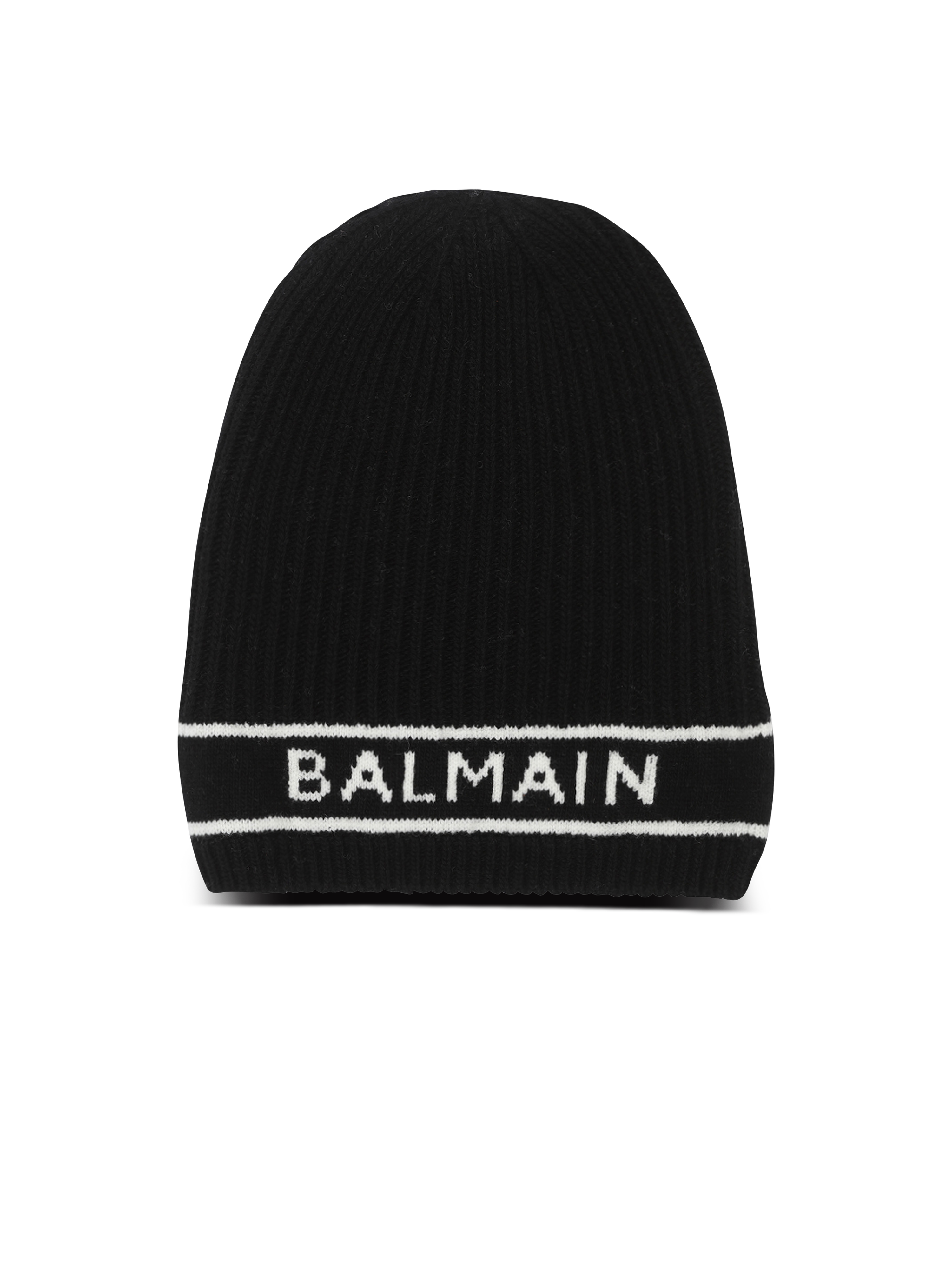 Wool beanie with embroidered Balmain logo, black, hi-res