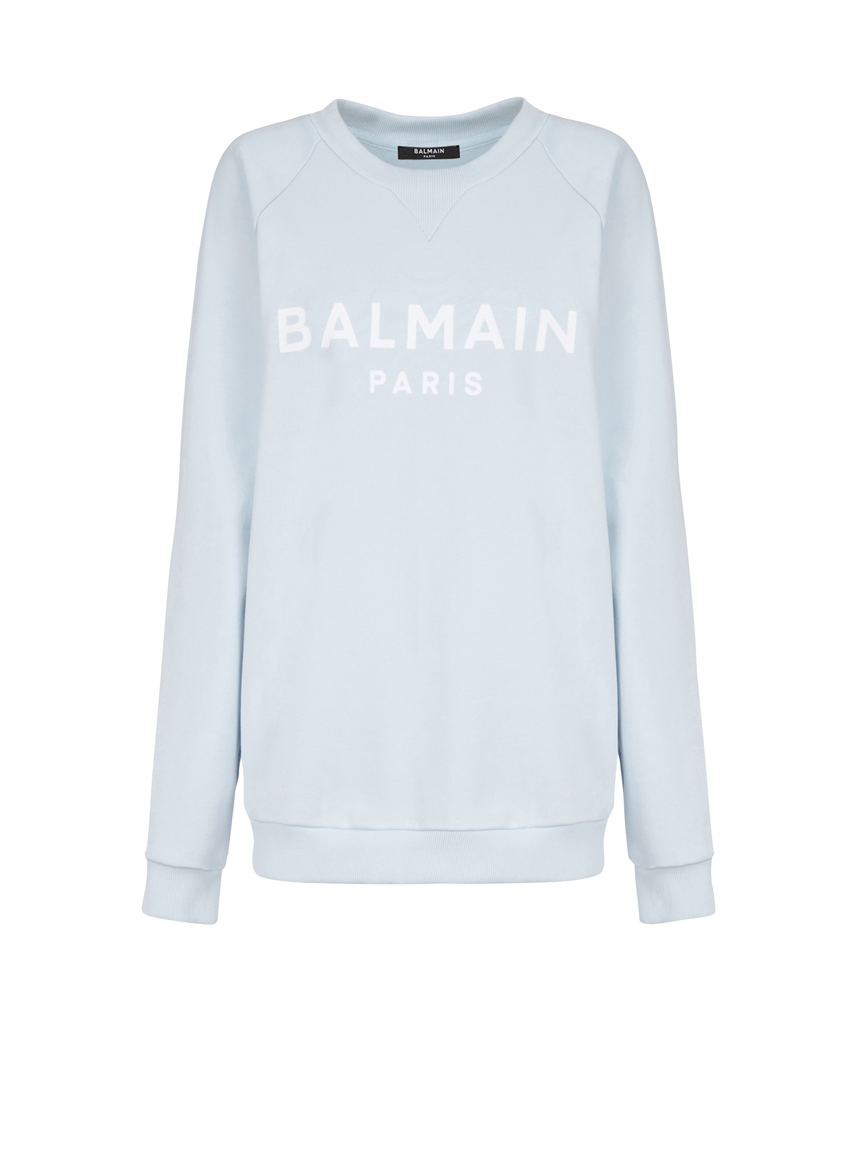 Cotton eco-designed sweatshirt with flocked Balmain logo, blue, hi-res