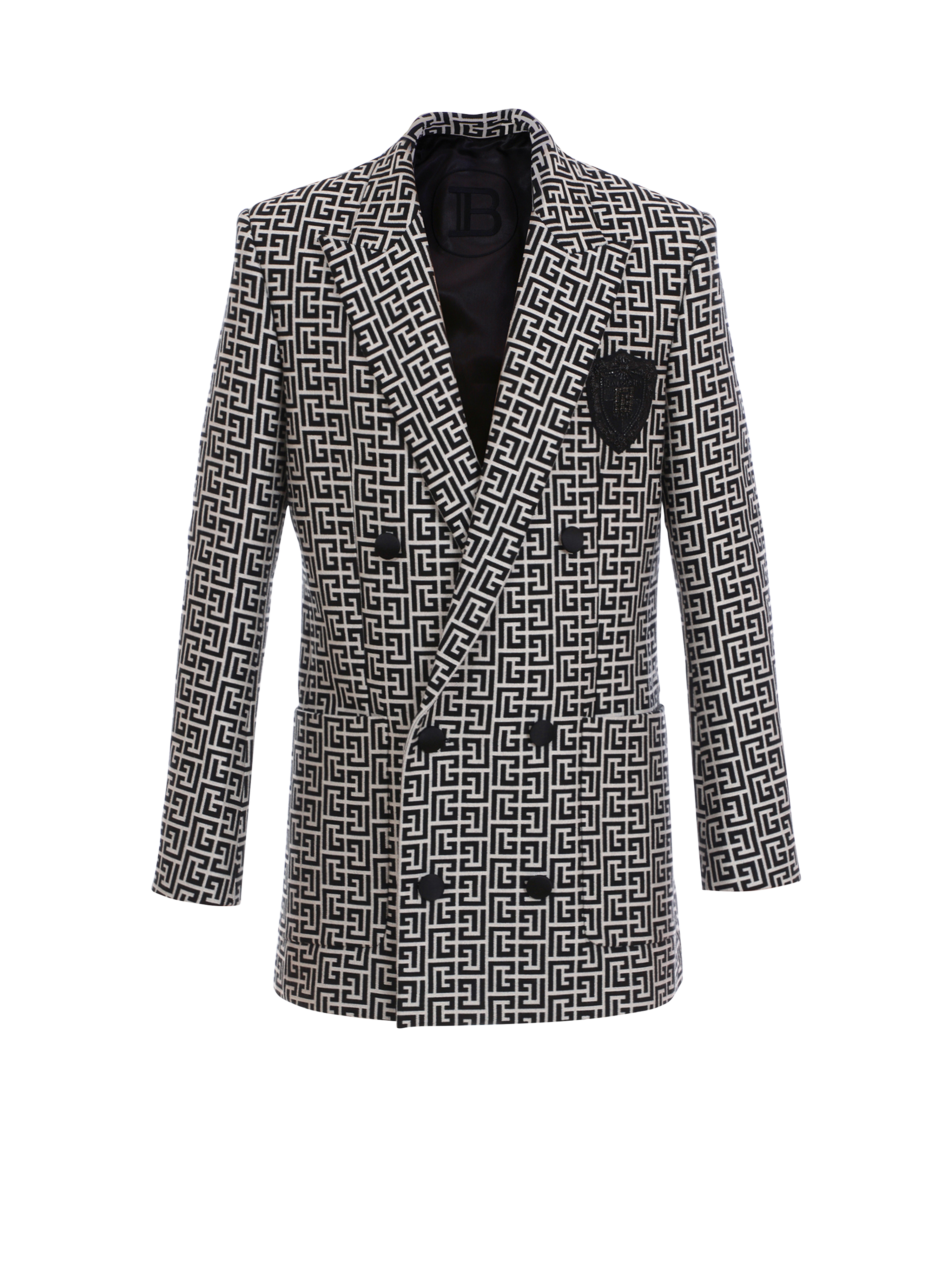 Double-breasted bicolor jacquard blazer, black, hi-res