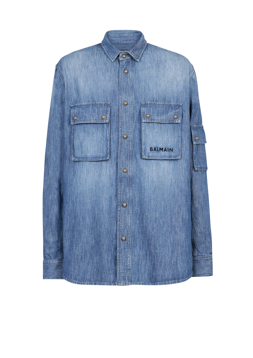 Denim shirt with logo Balmain, blue, hi-res