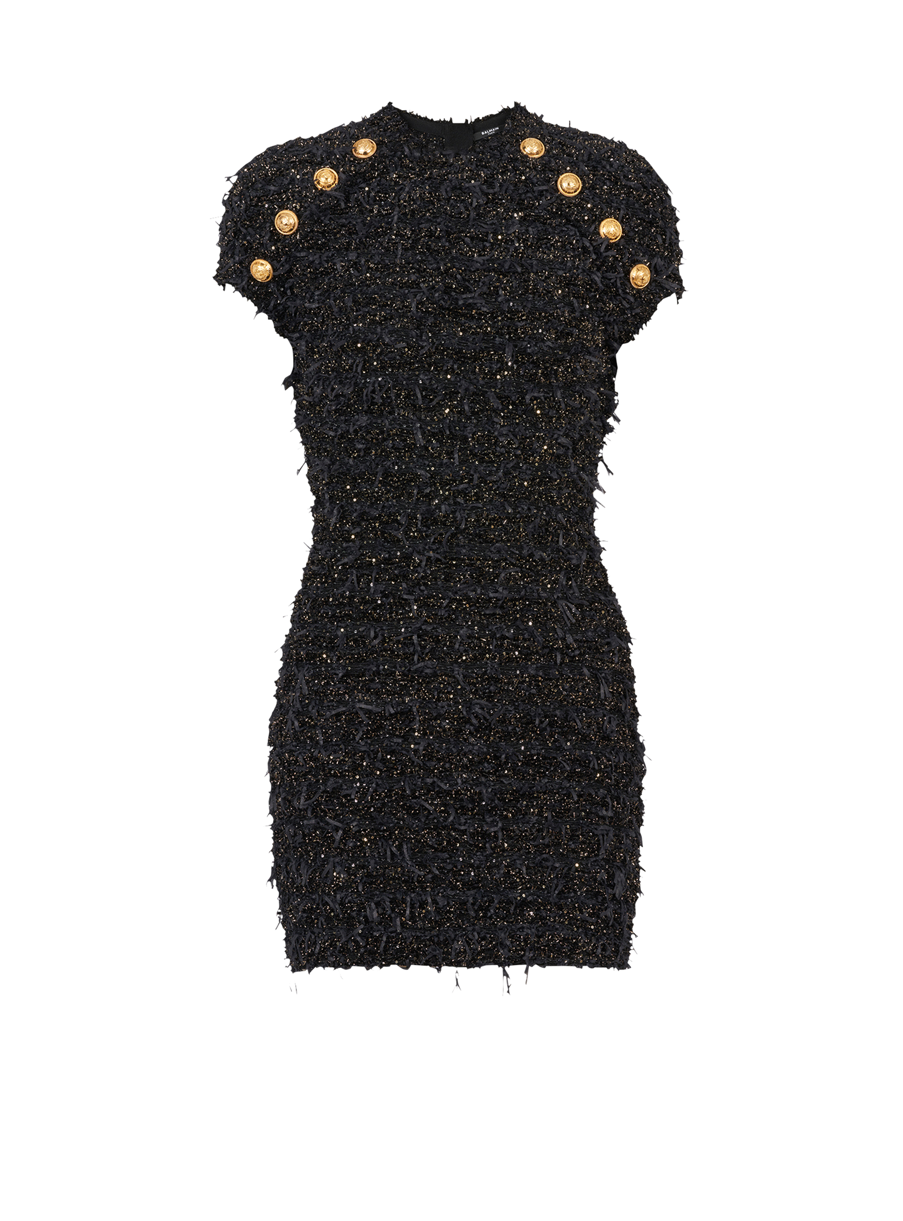 Short tweed dress with gold-tone buttons, black, hi-res