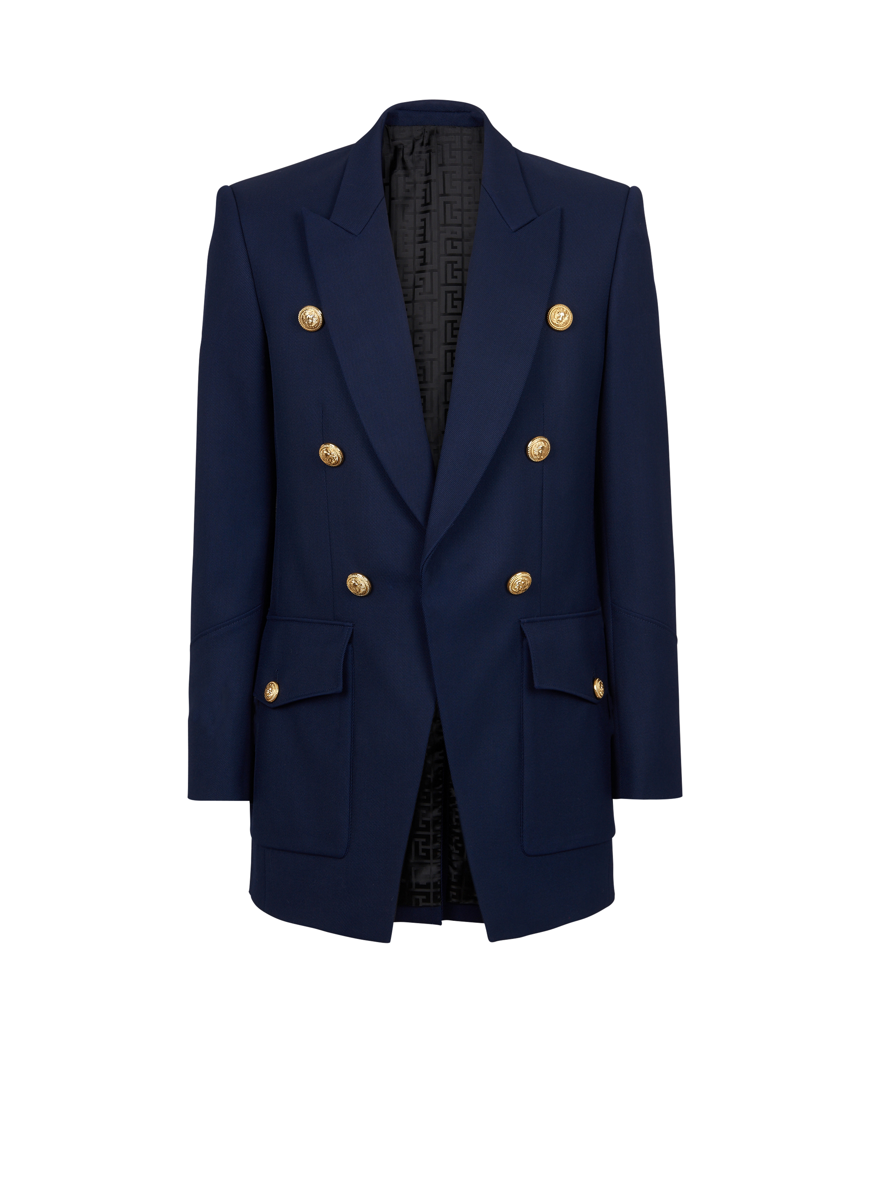 Six-button twill blazer with monogram lining , navy