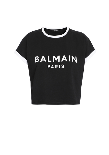 Cropped cotton T-shirt with flocked Balmain logo