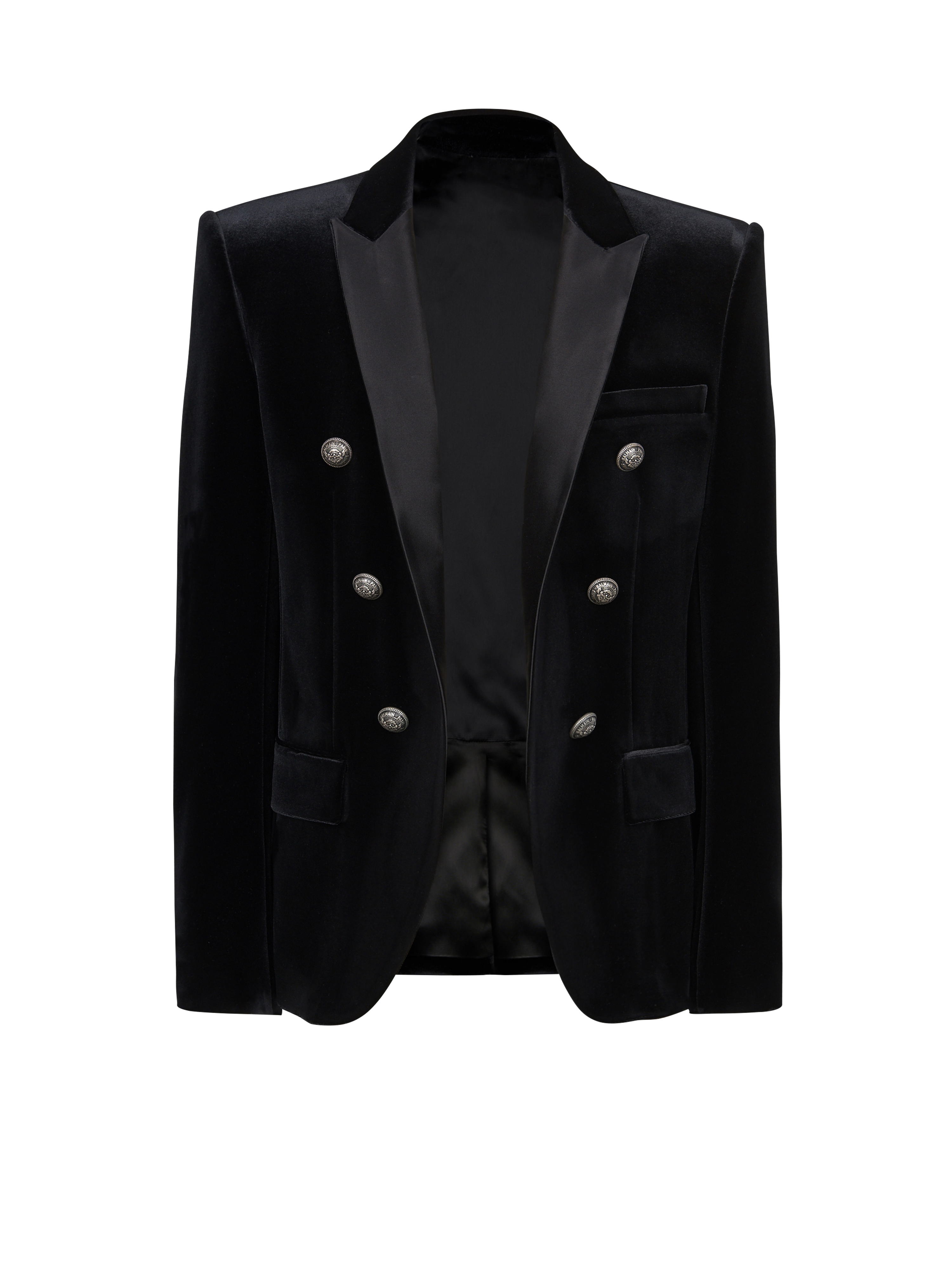 Double-breasted velvet blazer, black, hi-res