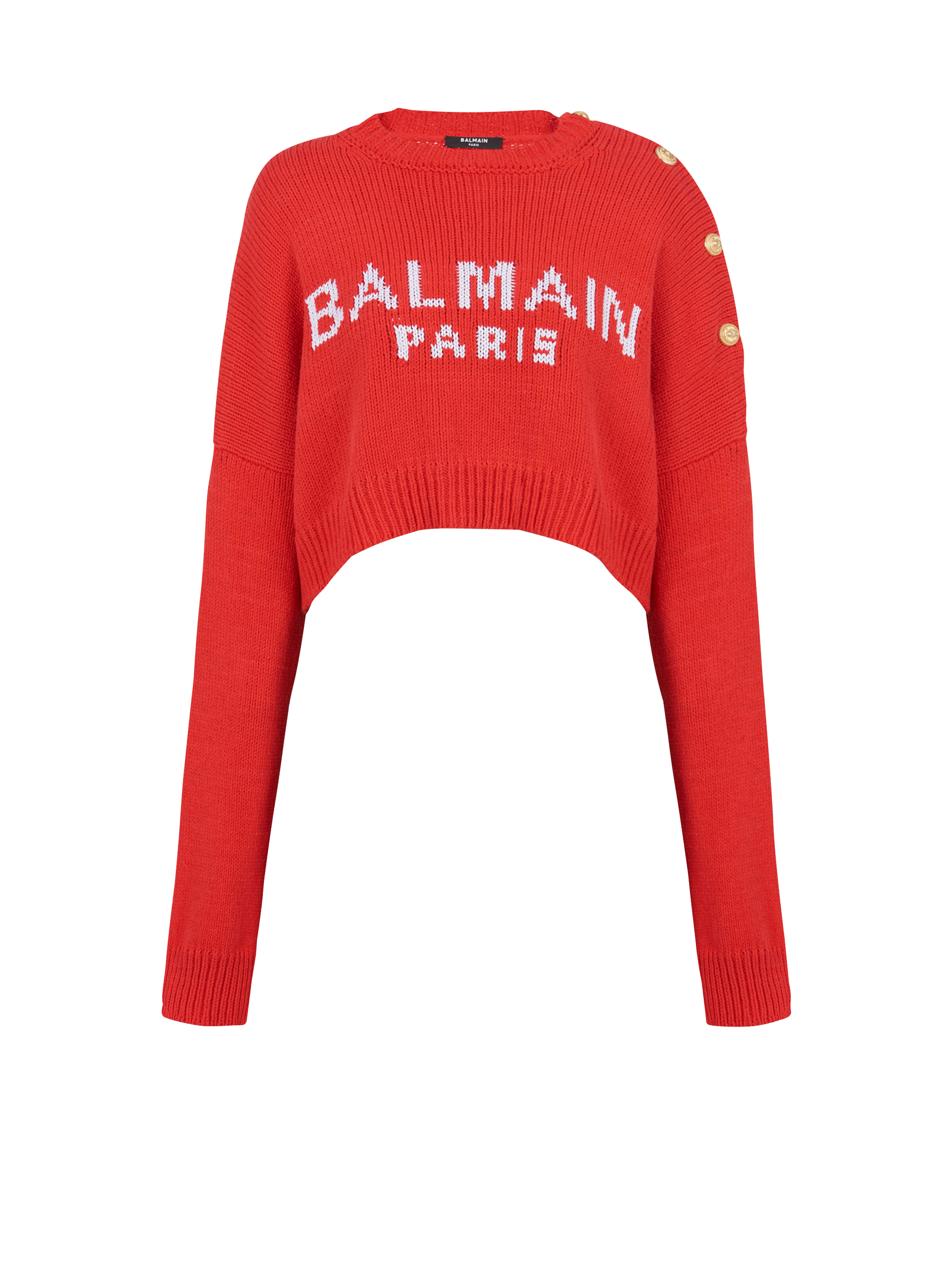HIGH SUMMER CAPSULE - Cropped knit sweater with Balmain logo print, red, hi-res