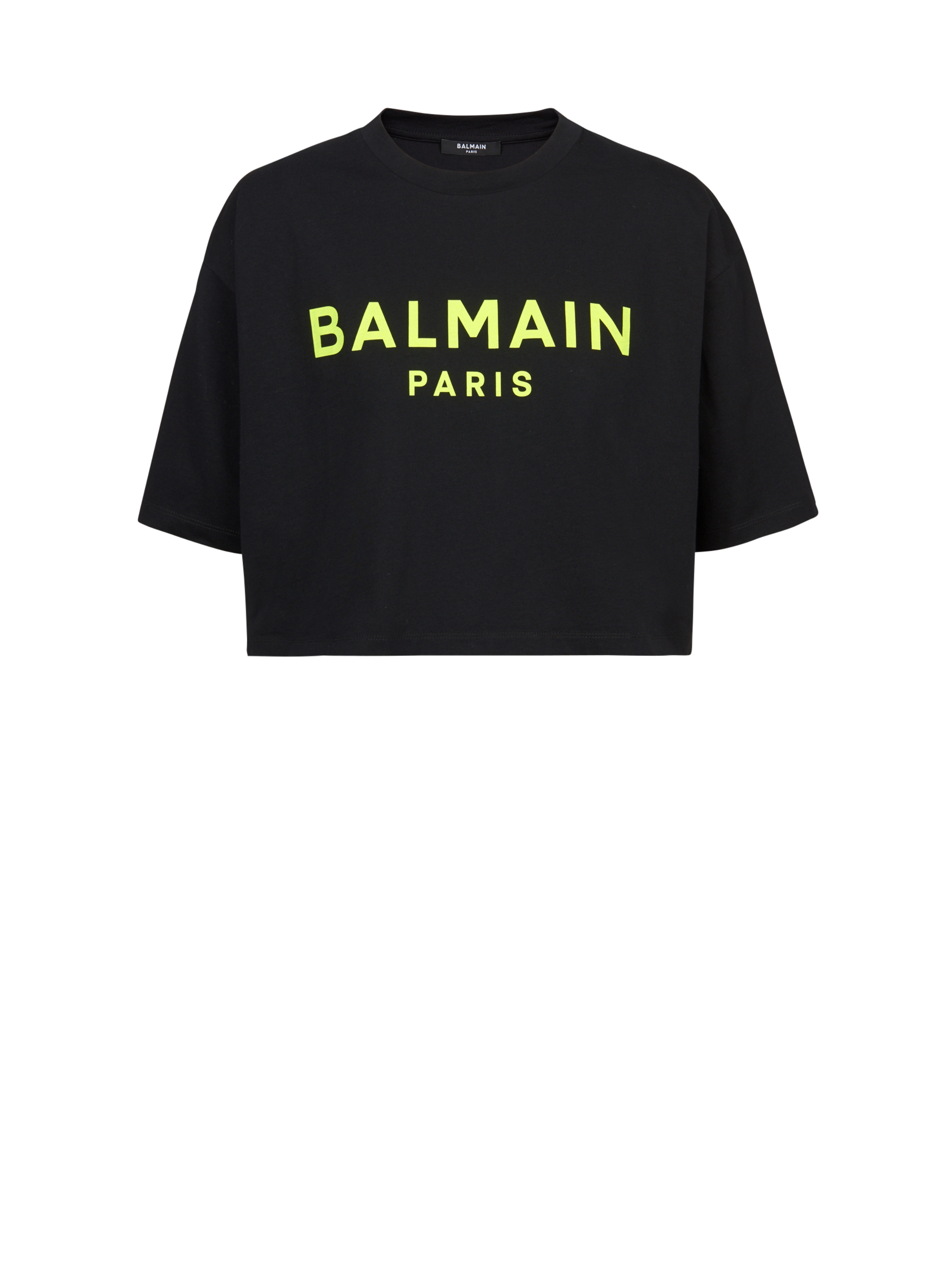 EXCLUSIVE - Cropped cotton T-shirt with Balmain logo print, yellow, hi-res