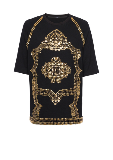 Oversized cotton T-shirt with gold-tone studded embroidery