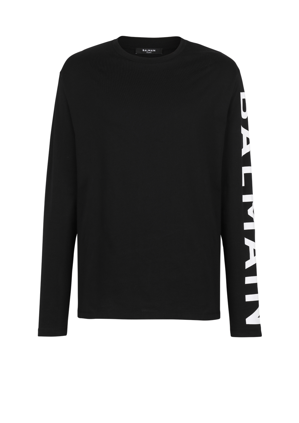 Long-sleeved cotton T-shirt with Balmain signature on sleeve , black, hi-res