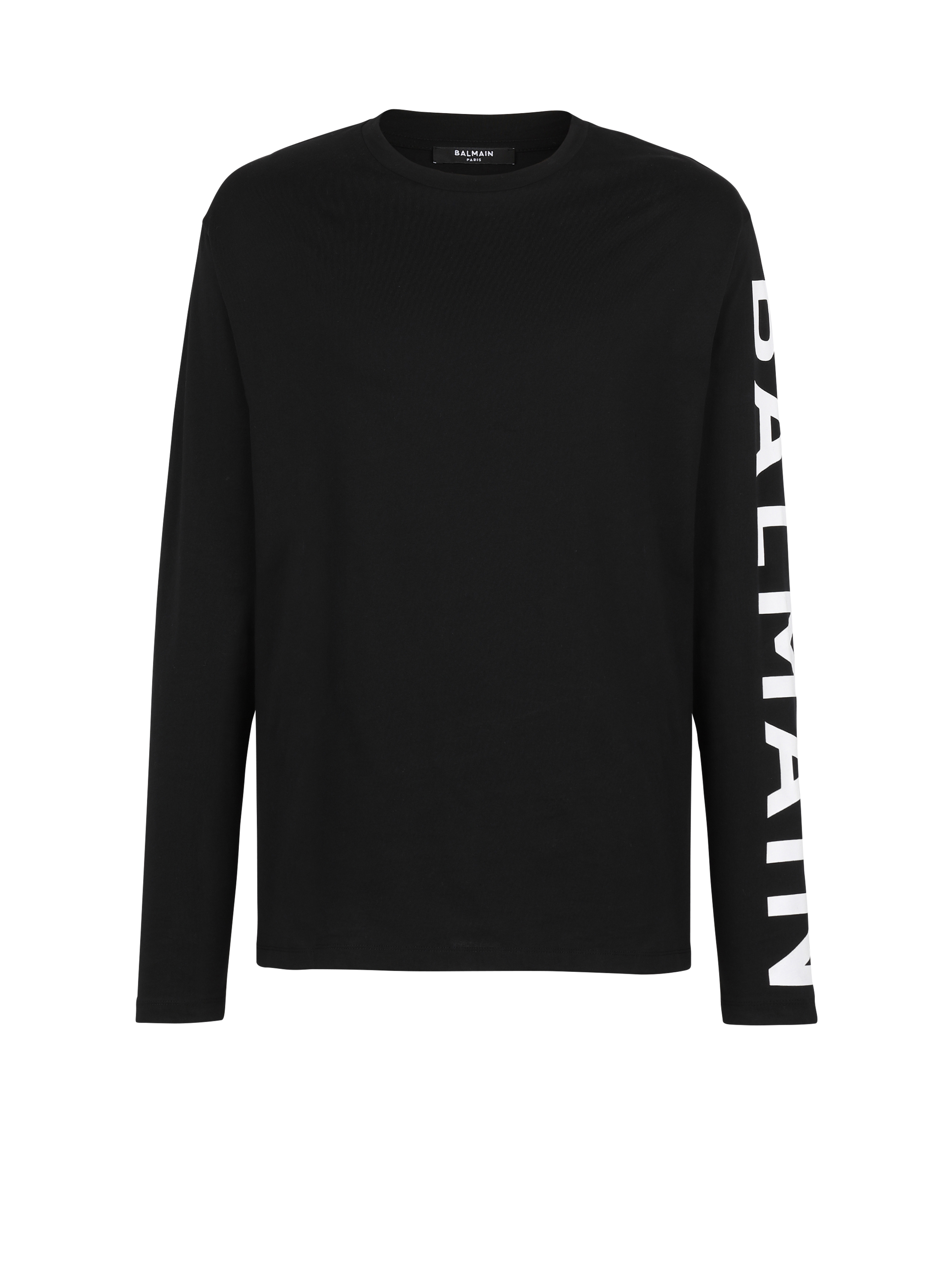 Long-sleeved cotton T-shirt with Balmain signature on sleeve , black