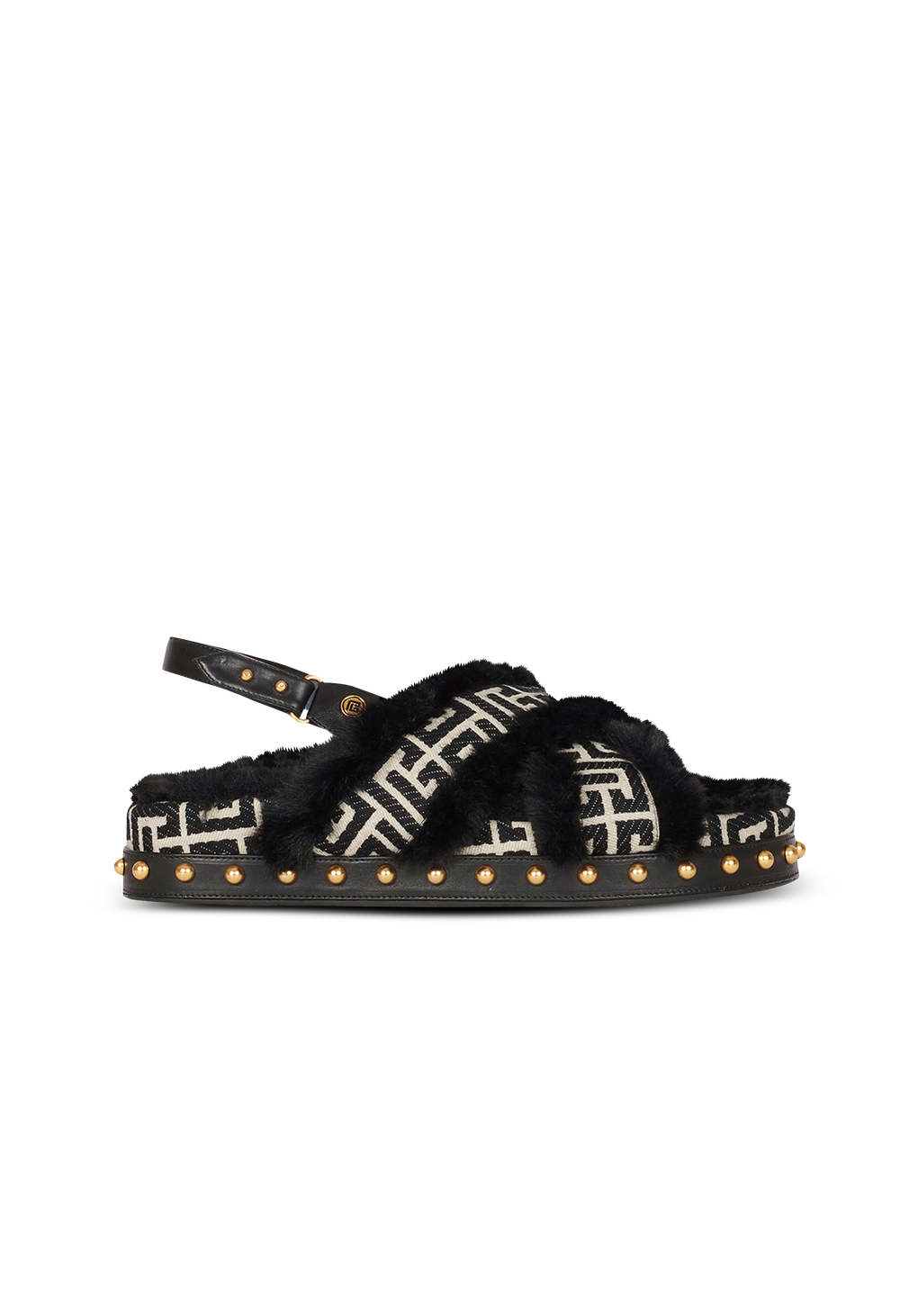 Bicolor jacquard and faux fur Tam flat sandals, black, hi-res