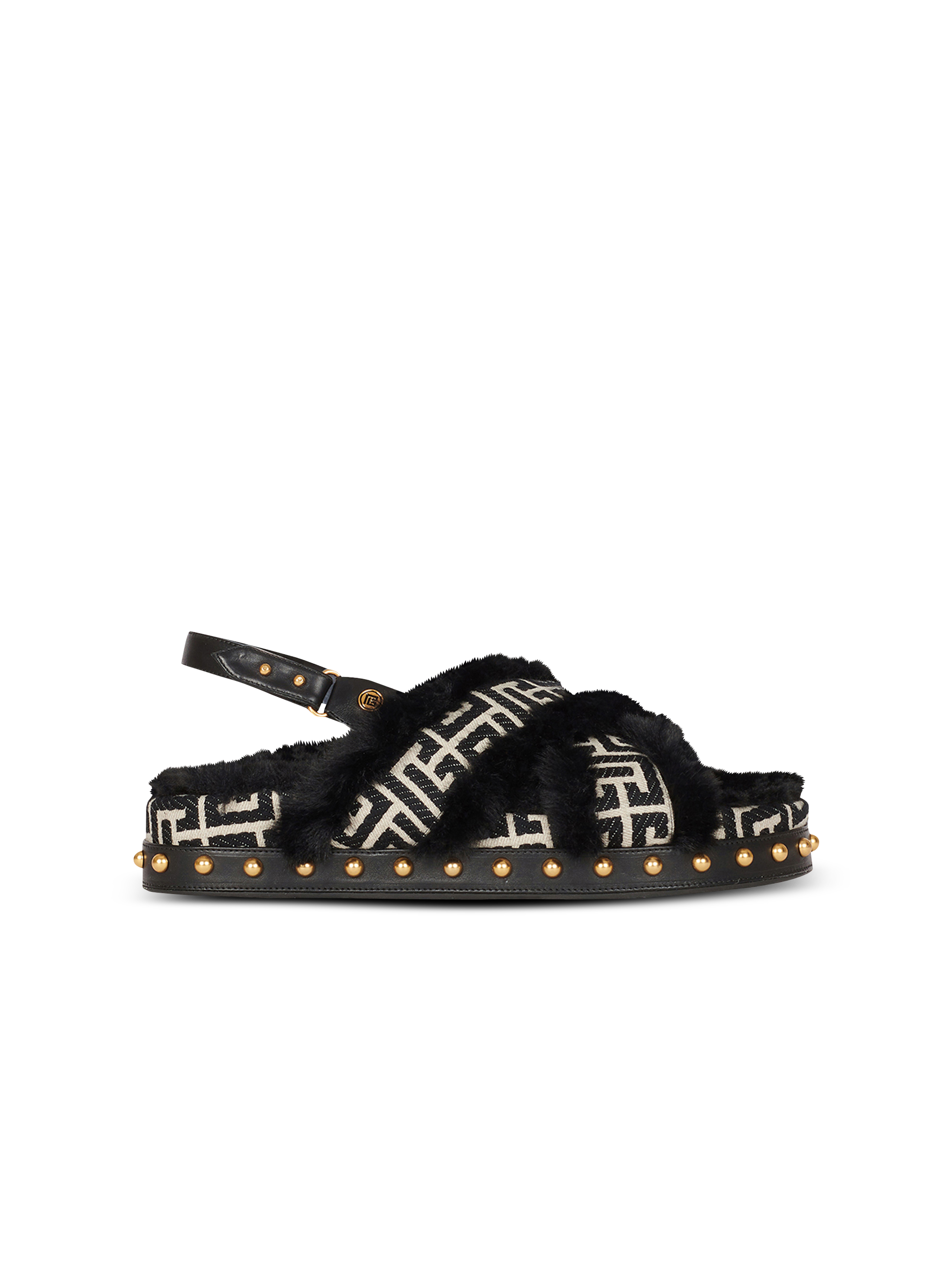Bicolor jacquard and faux fur Tam flat sandals, black