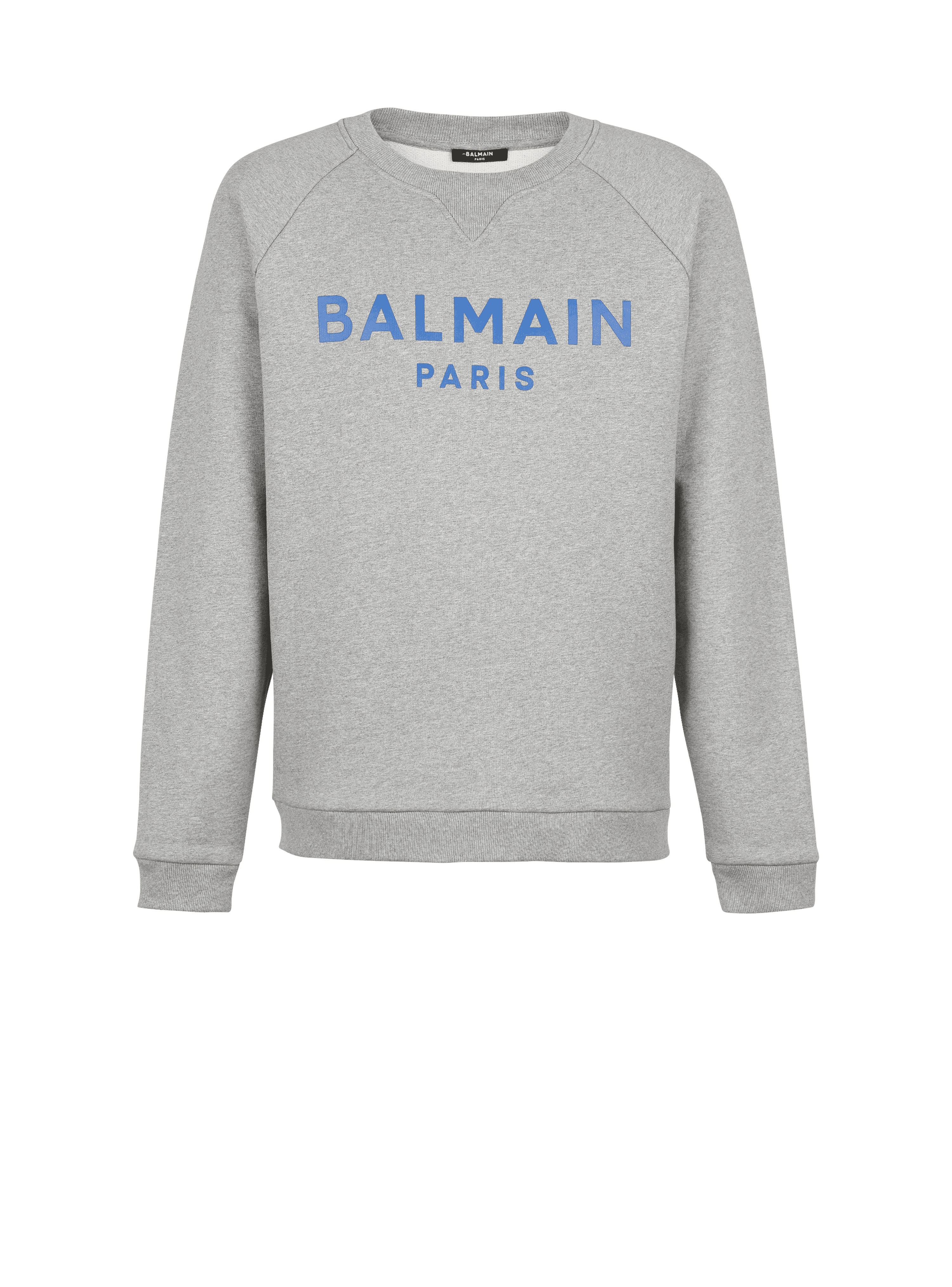 EXCLUSIVE - Cotton sweatshirt with Balmain Paris logo print, grey, hi-res