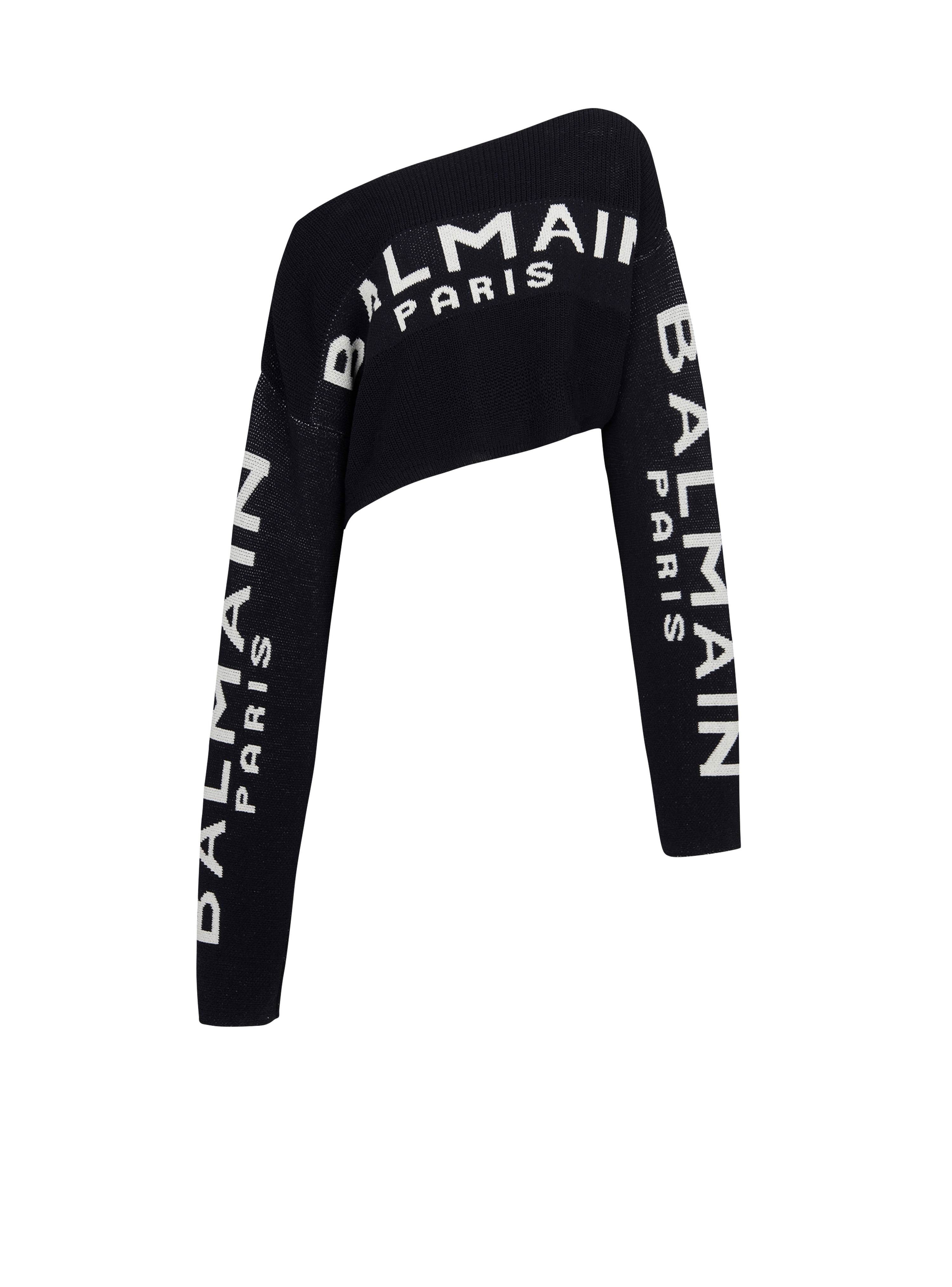 Cropped knit sweater with graffiti Balmain logo print, black, hi-res