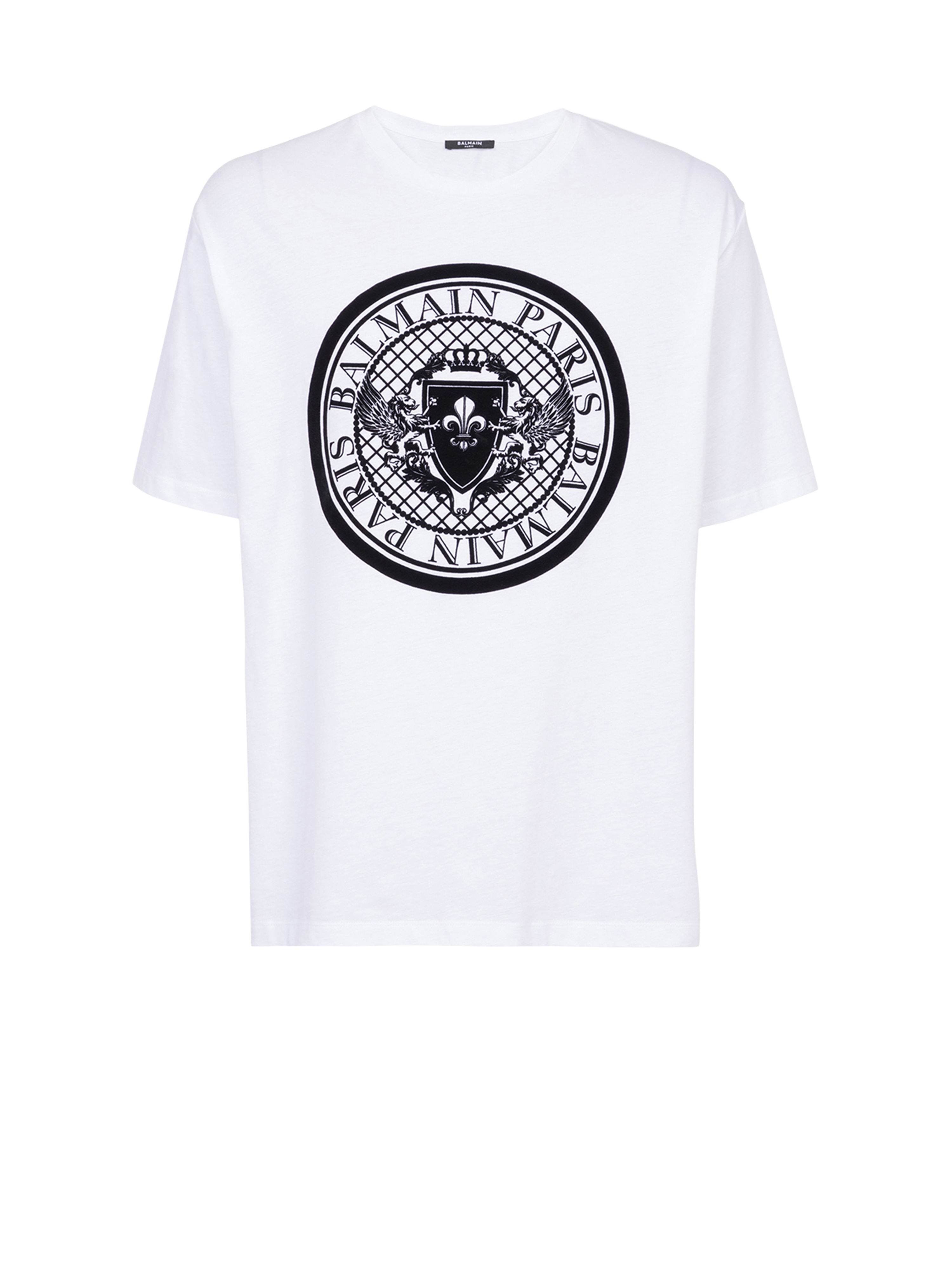Cotton T-shirt with flocked Balmain medallion, white, hi-res