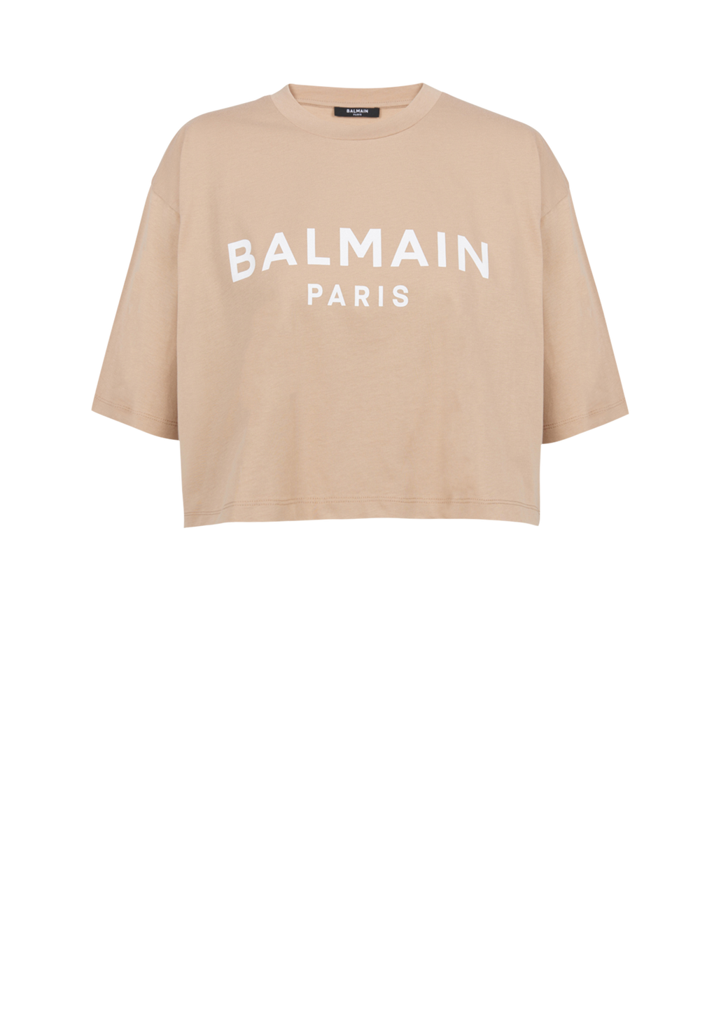 Cropped eco-designed cotton T-shirt with Balmain logo print, beige, hi-res
