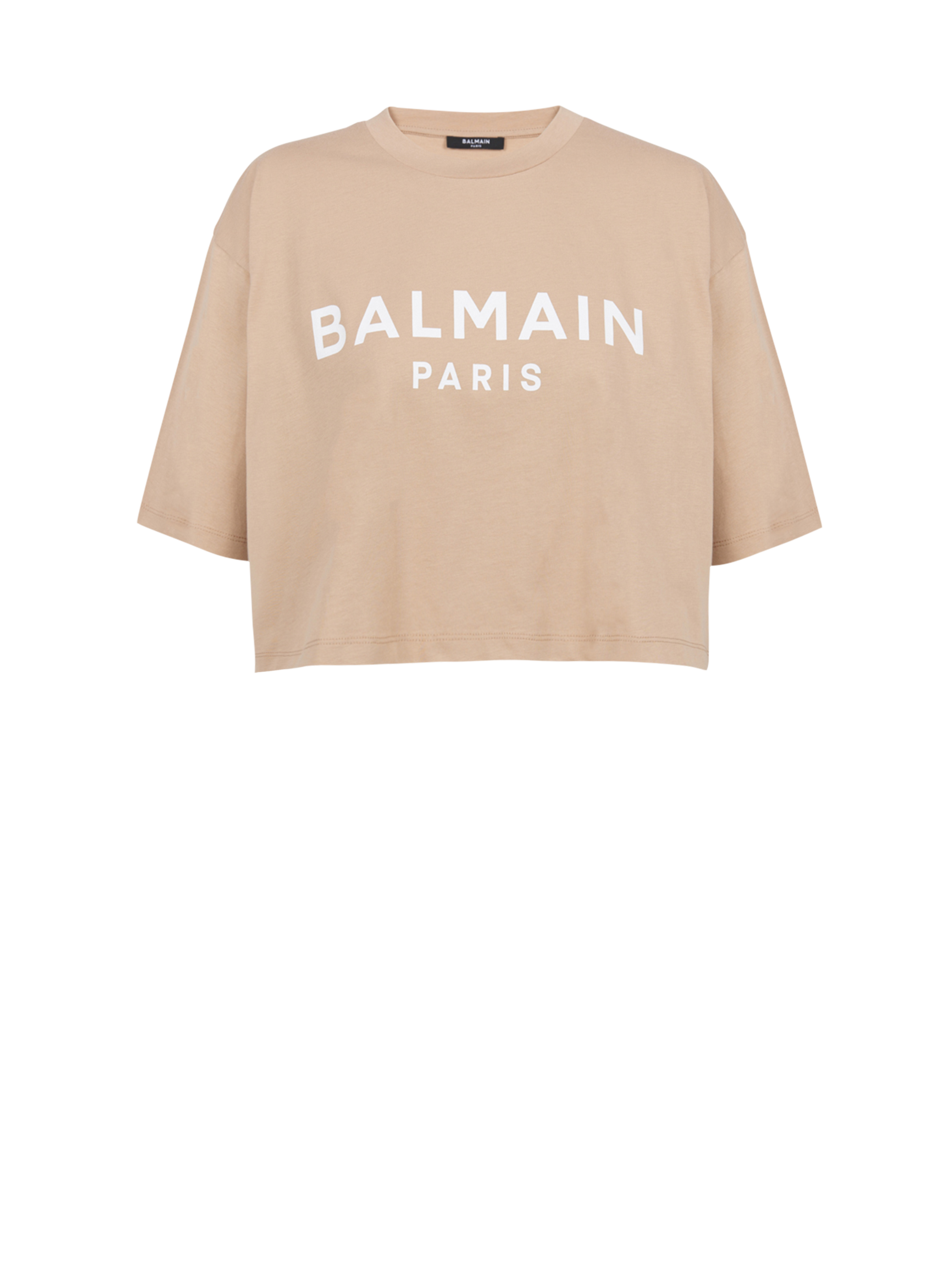 Cropped eco-designed cotton T-shirt with Balmain logo print, beige