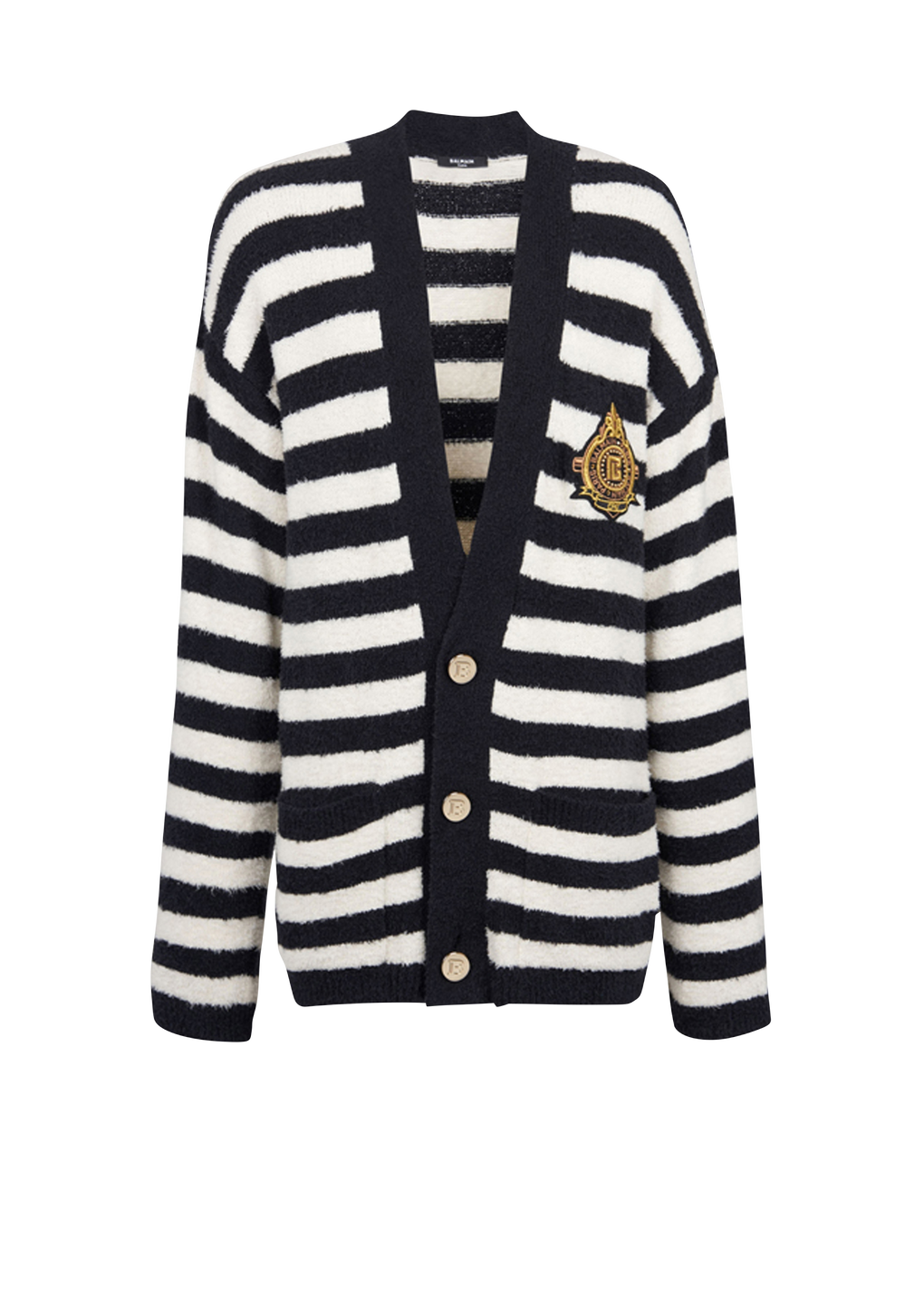 Cotton cardigan with strippes and Balmain badge, black, hi-res