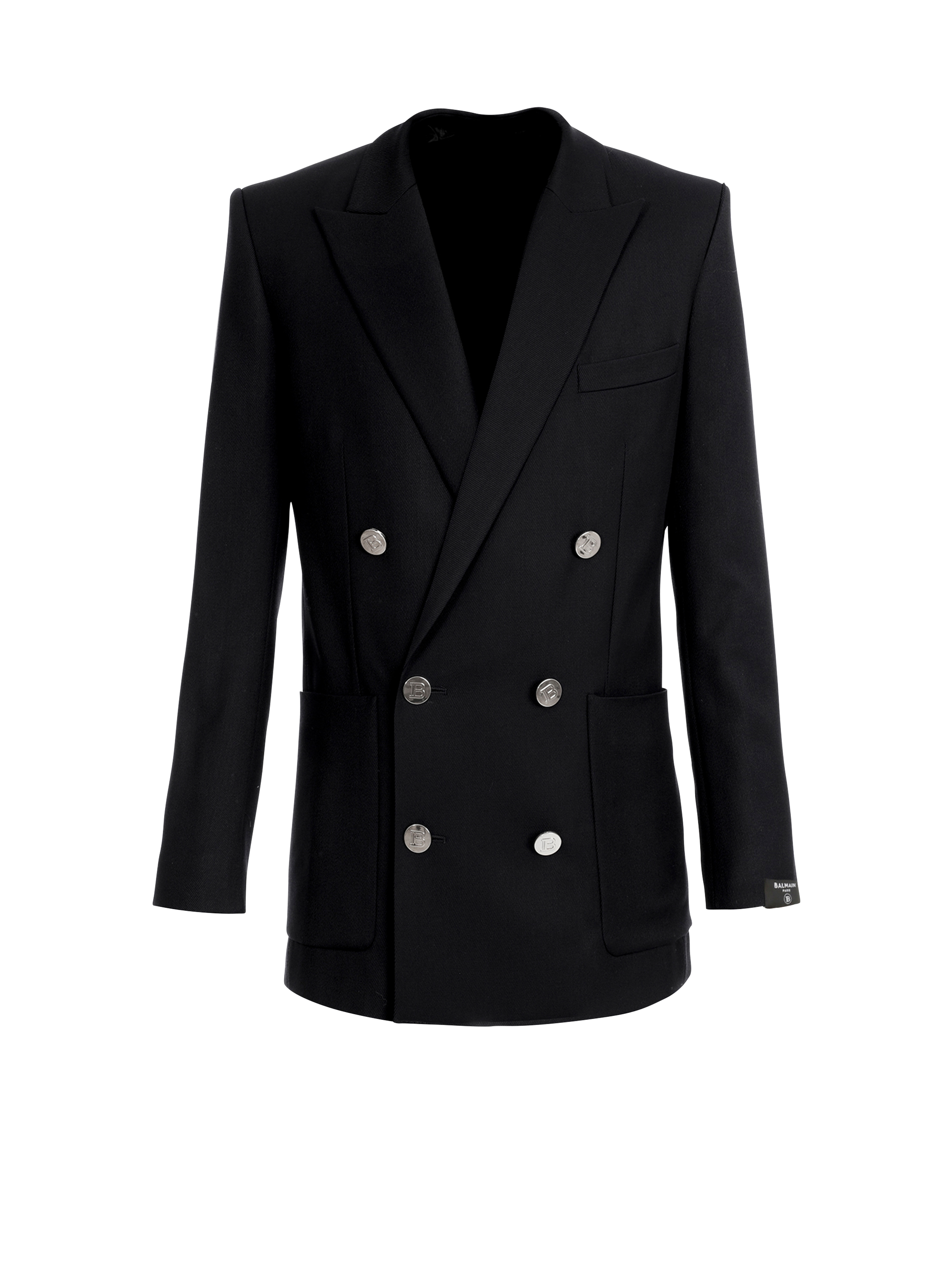 Twill blazer with double-breasted silver-tone buttoned fastening, black, hi-res