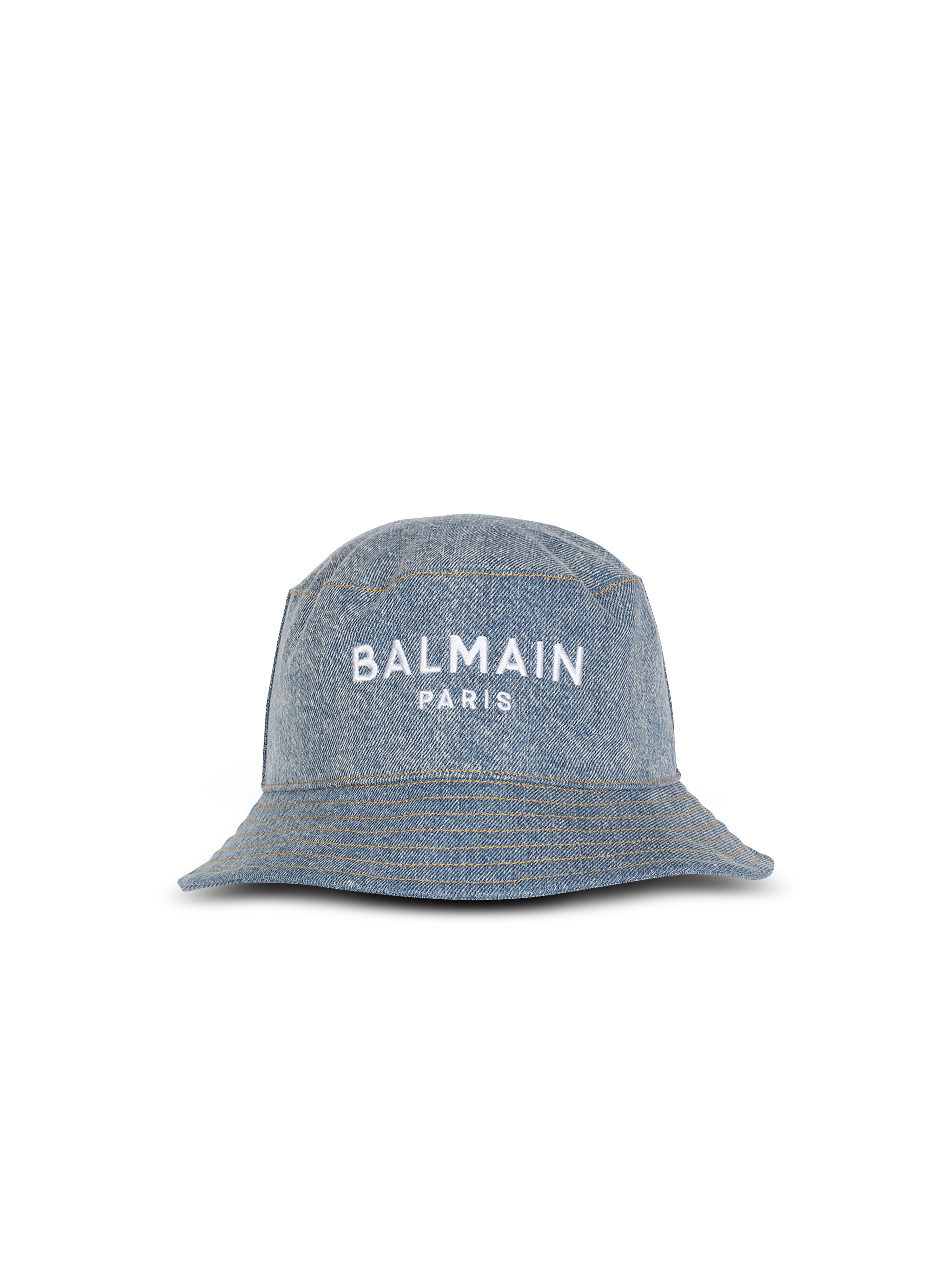HIGH SUMMER CAPSULE - Denim jean bucket hat with Balmain logo, blue, hi-res