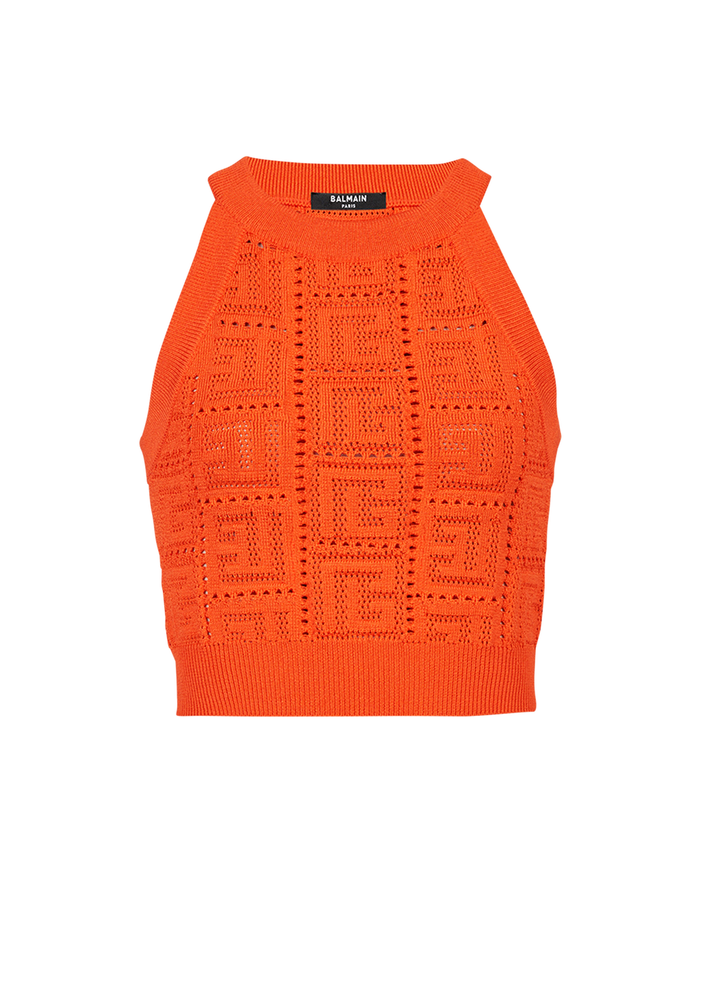 Eco-designed knit crop top with Balmain monogram, orange, hi-res