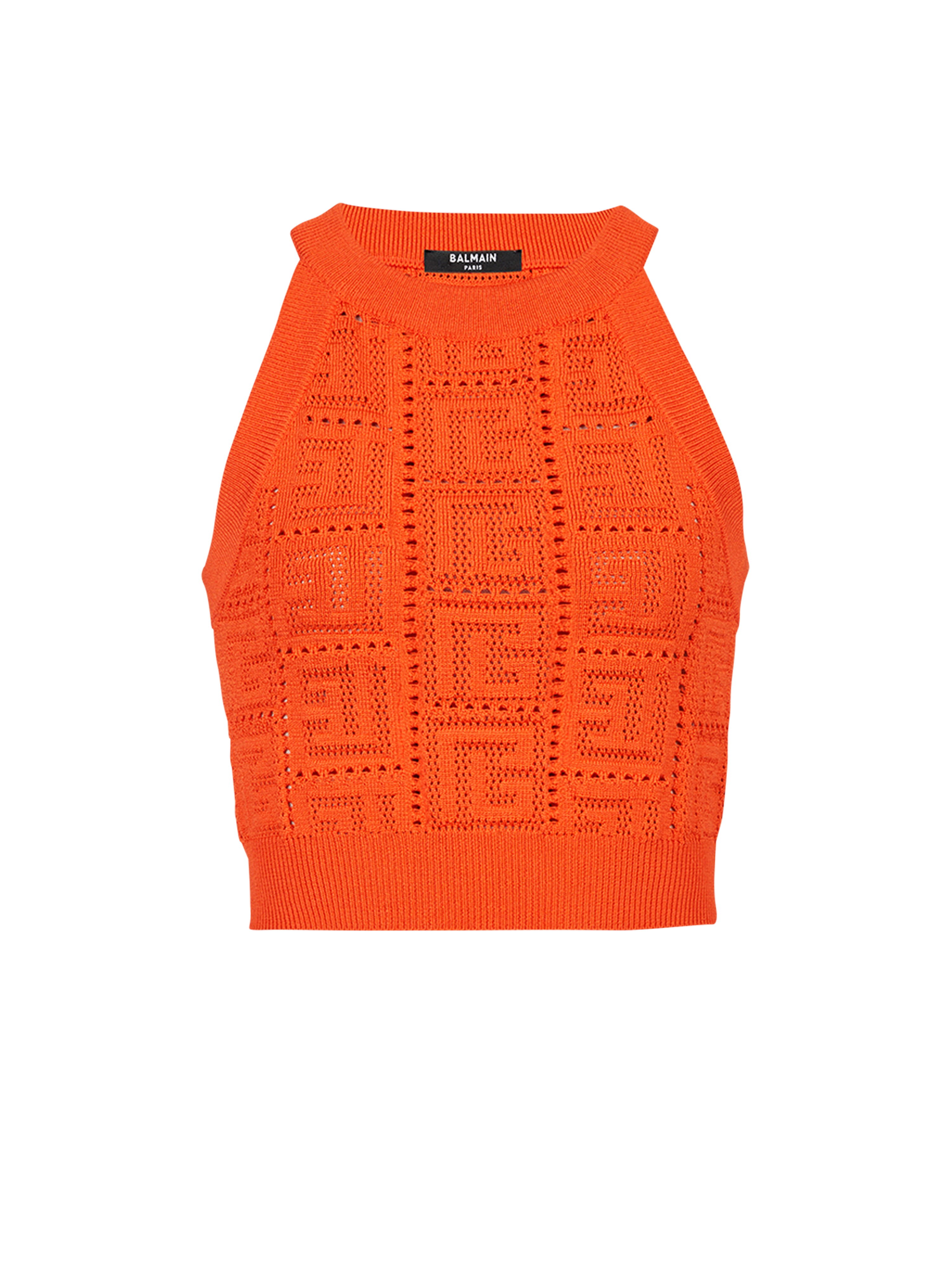 Eco-designed knit crop top with Balmain monogram, orange