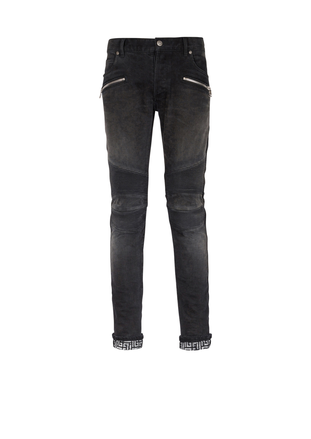 Slim cut faded and ridged cotton jeans with Balmain monogram on hem, black, hi-res