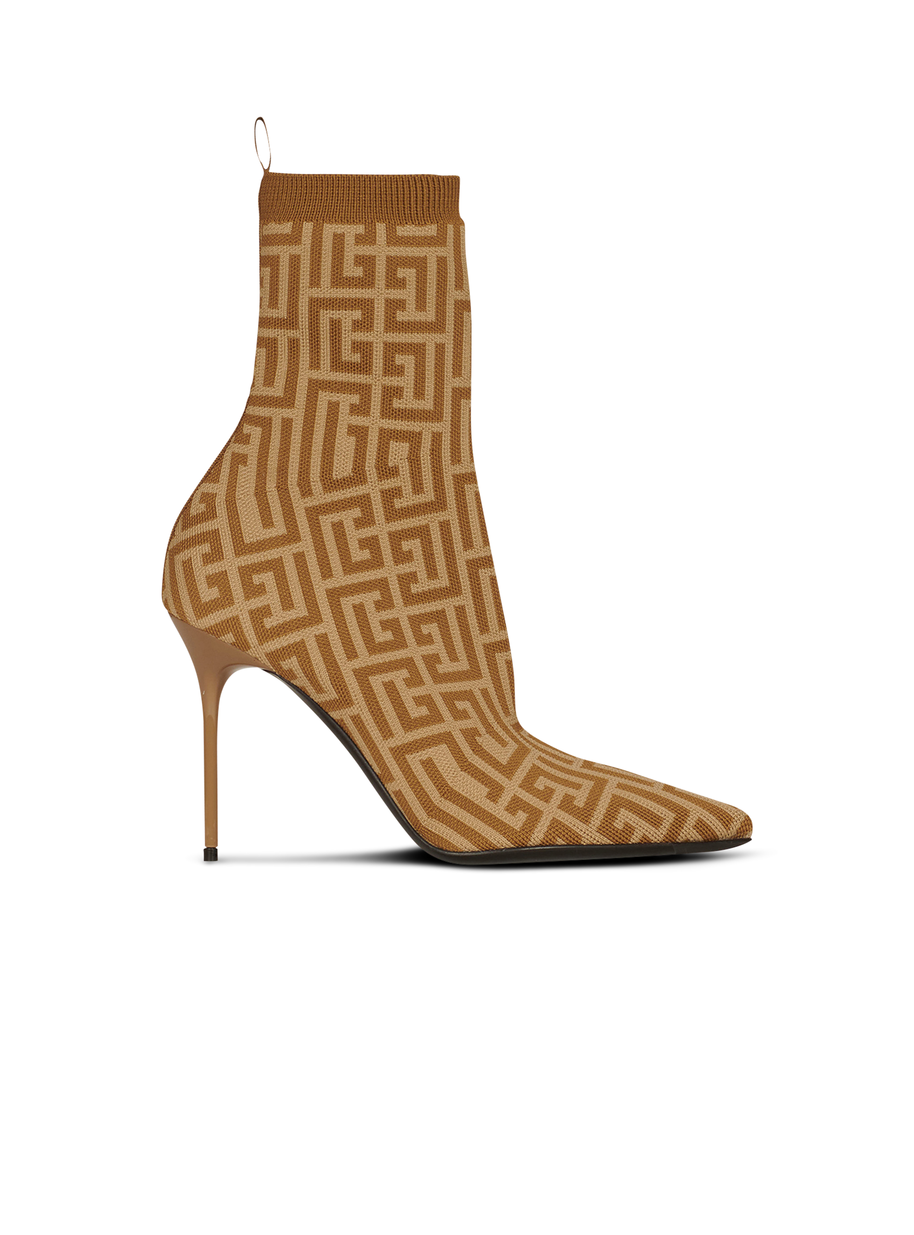 Bicolor stretch knit Skye ankle boots with Balmain monogram, beige, hi-res