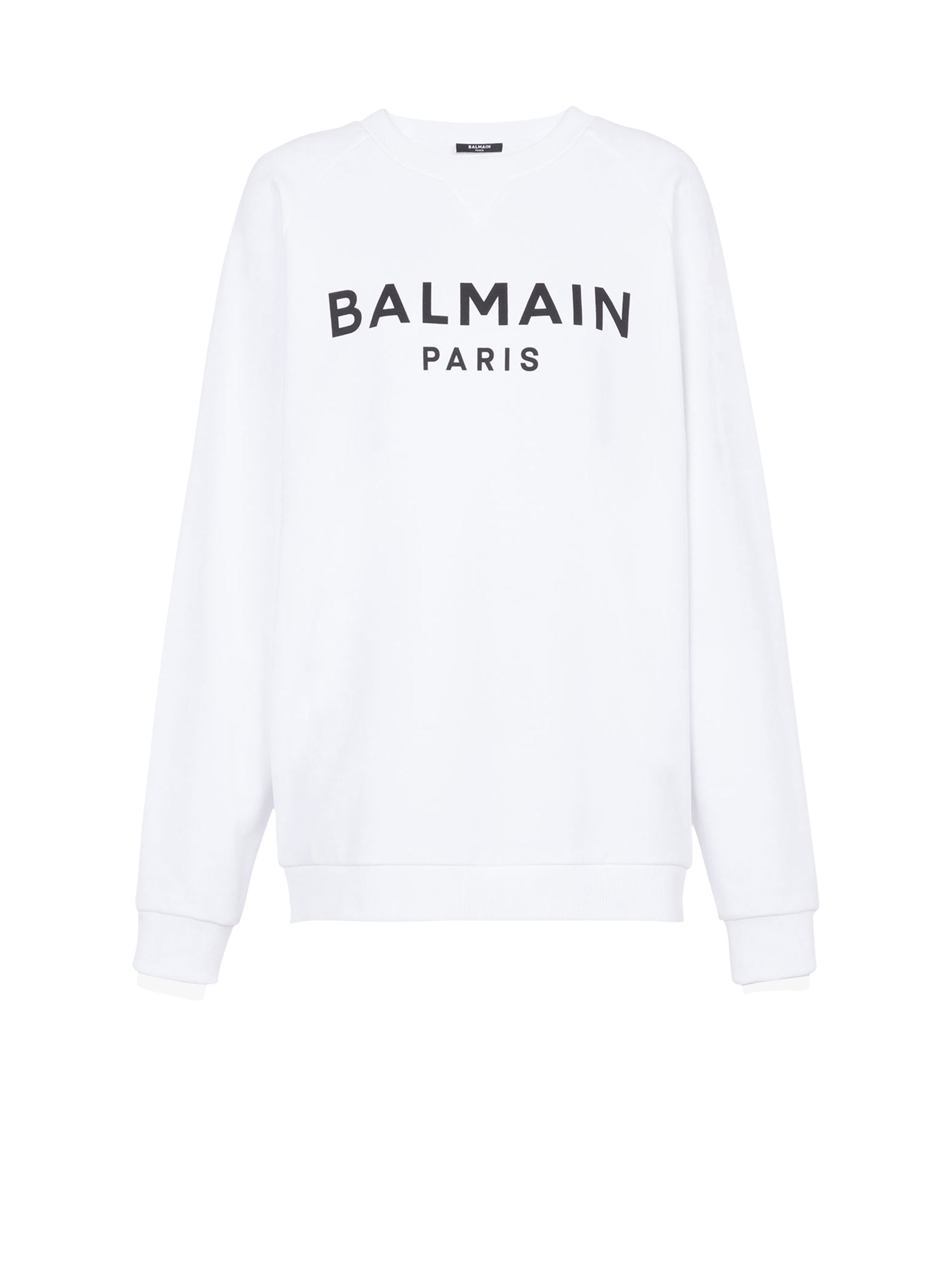 Eco-designed cotton sweatshirt with Balmain Paris metallic logo print, white, hi-res