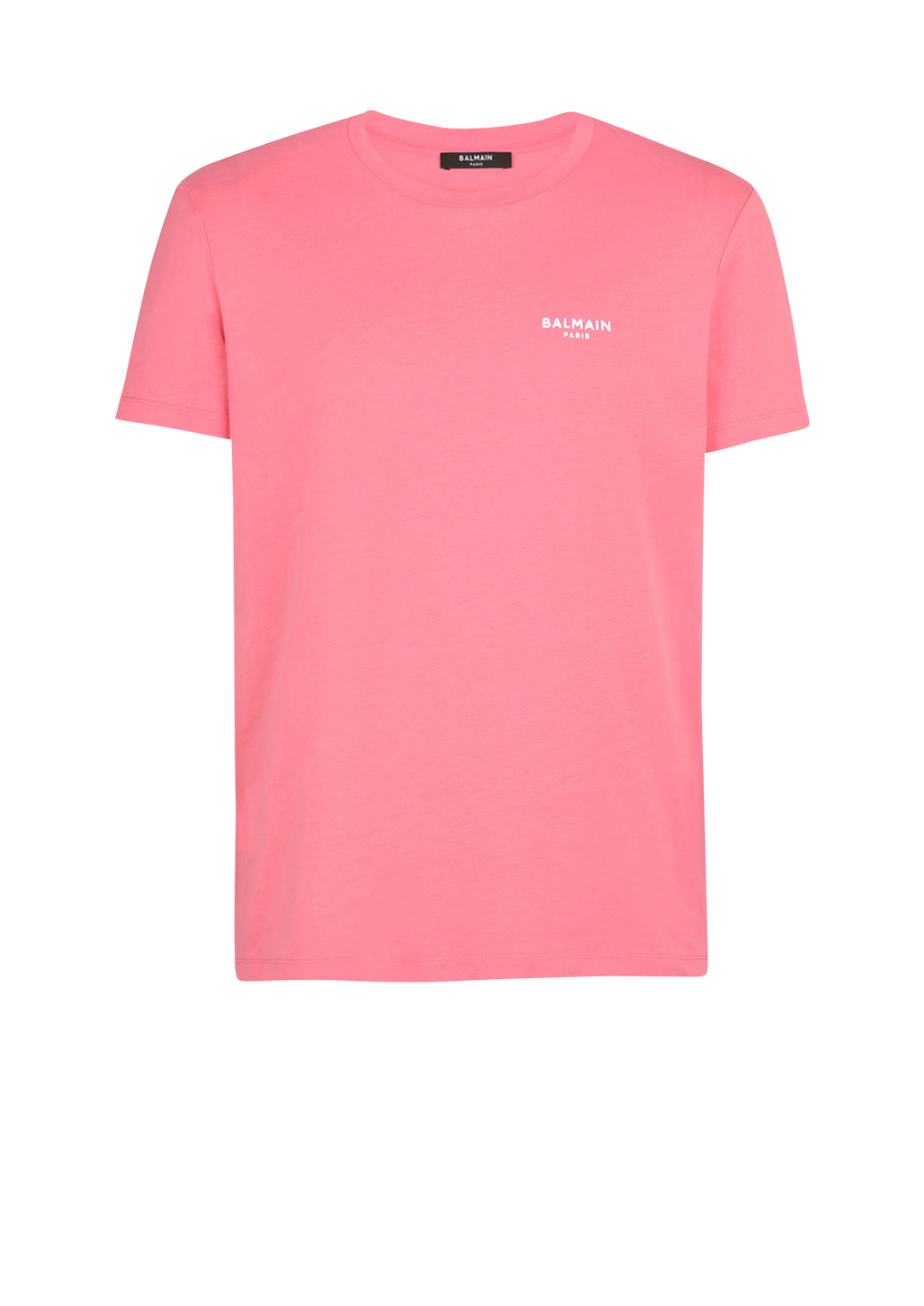 Eco-designed cotton T-shirt with small flocked Balmain Paris logo, pink, hi-res