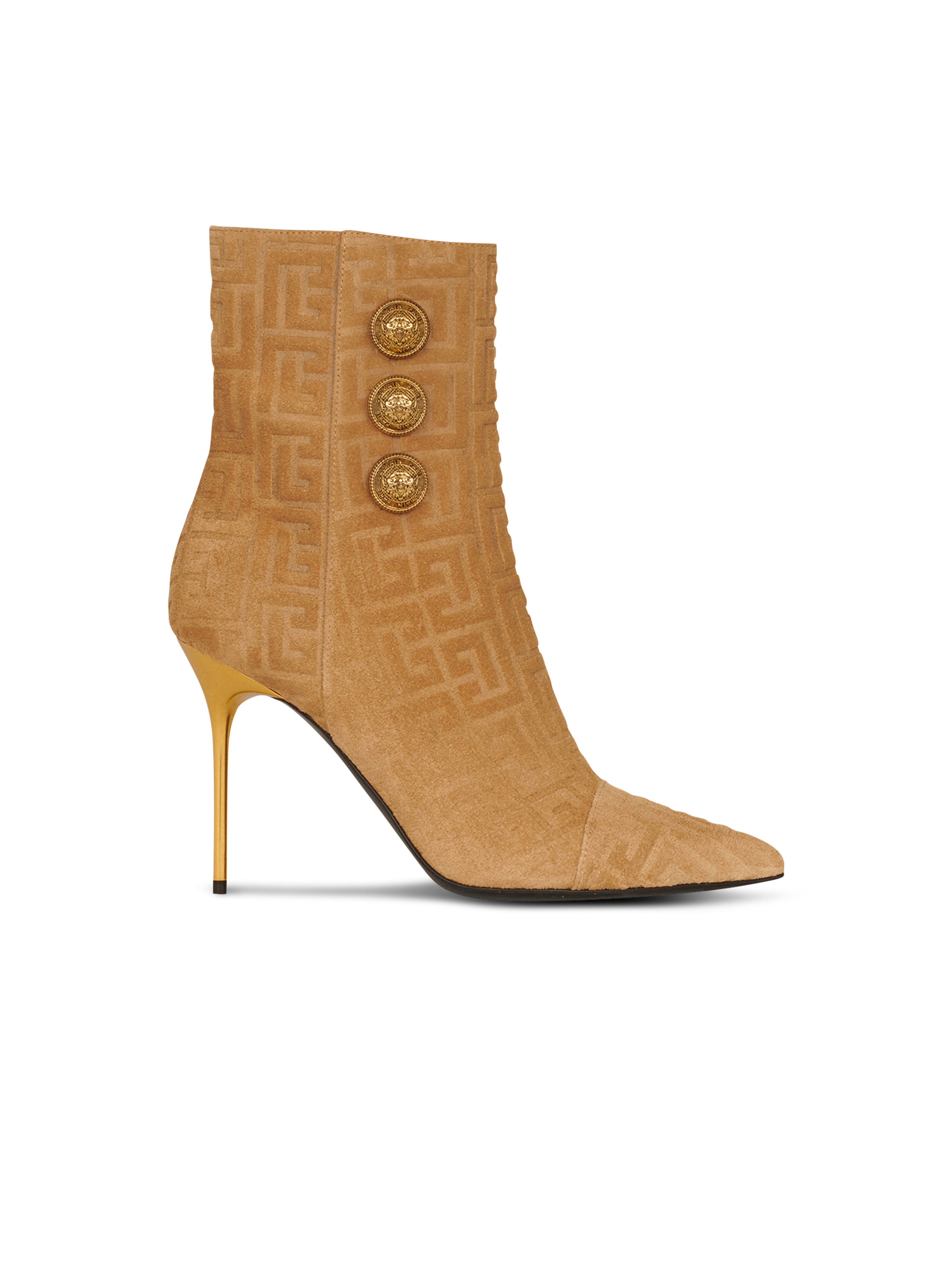 Debossed suede Roni ankle boots with Balmain monogram, beige
