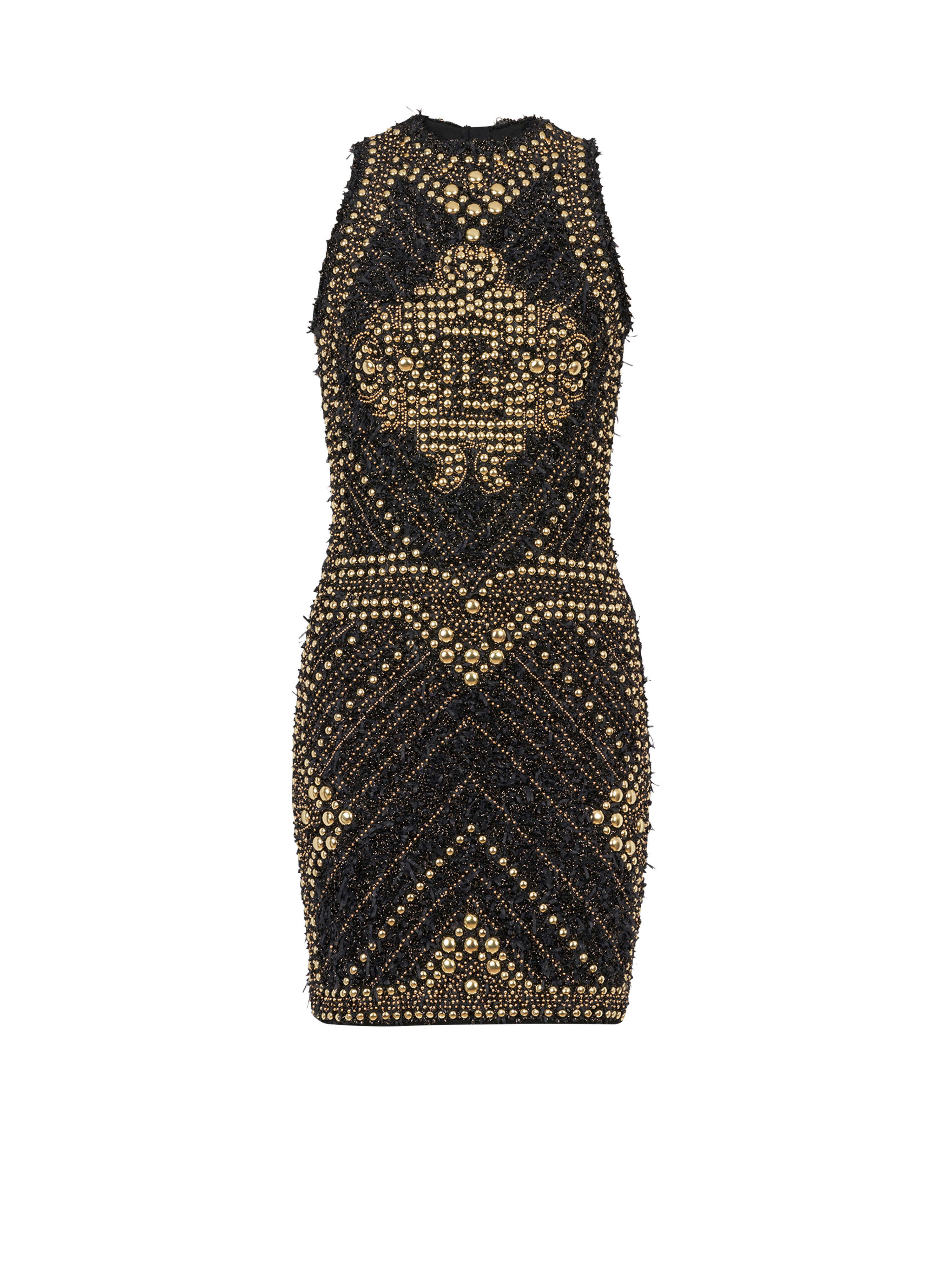 Short tweed dress with embroidered gold-tone studs, gold, hi-res