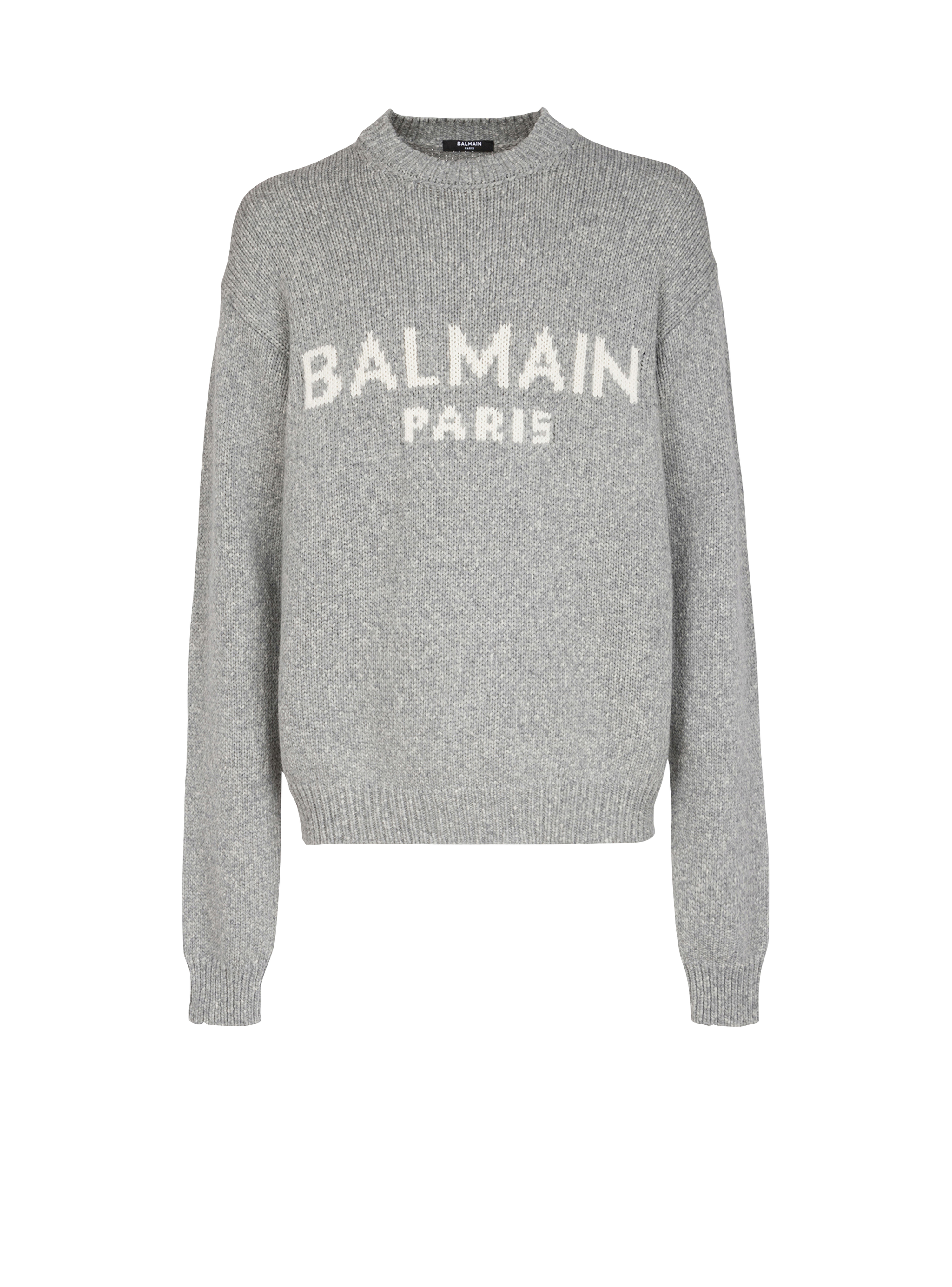 Wool sweater with Balmain Paris logo, grey, hi-res