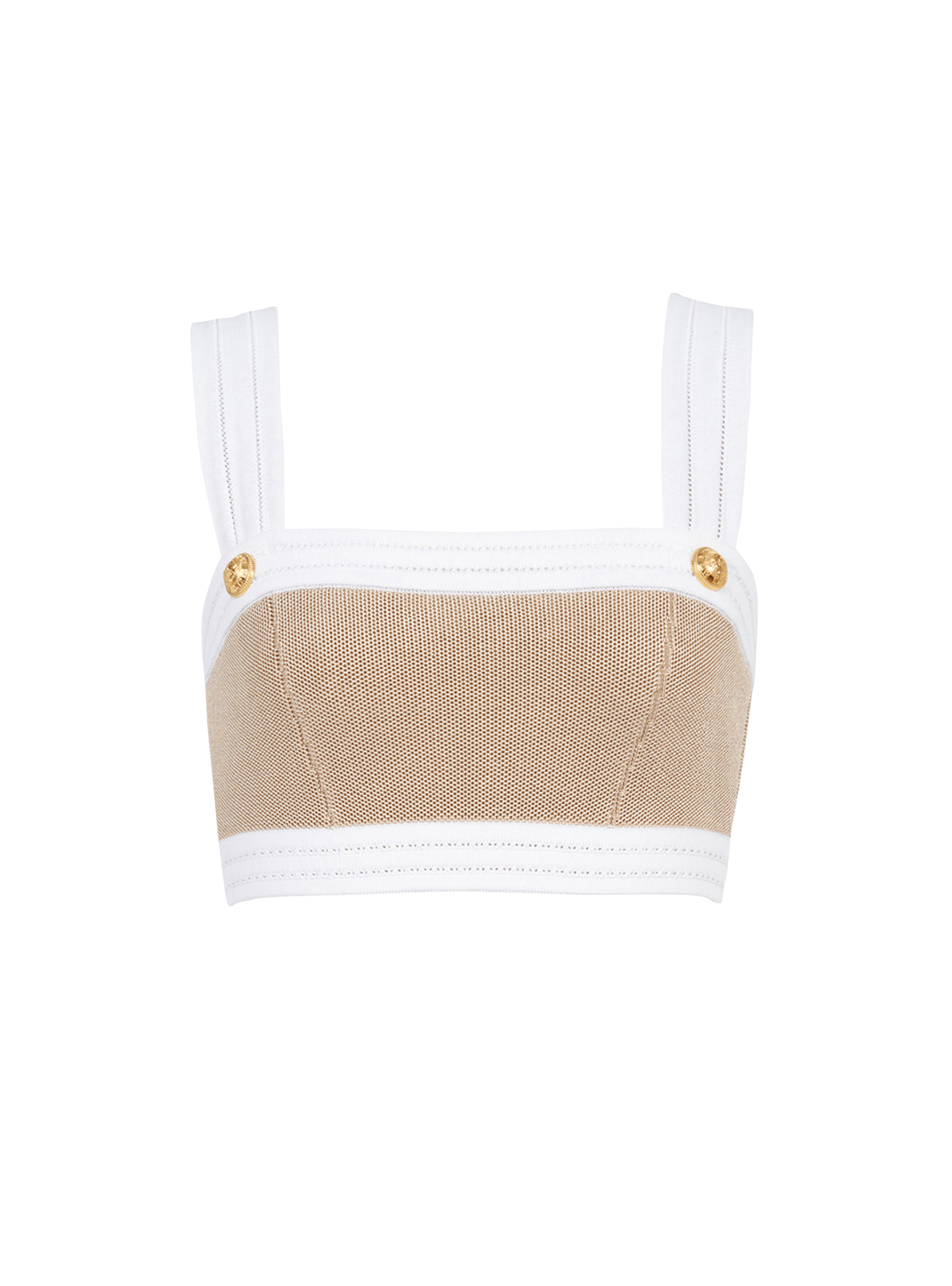 EXCLUSIVE -- Knit crop top with gold-tone buttons, beige, hi-res
