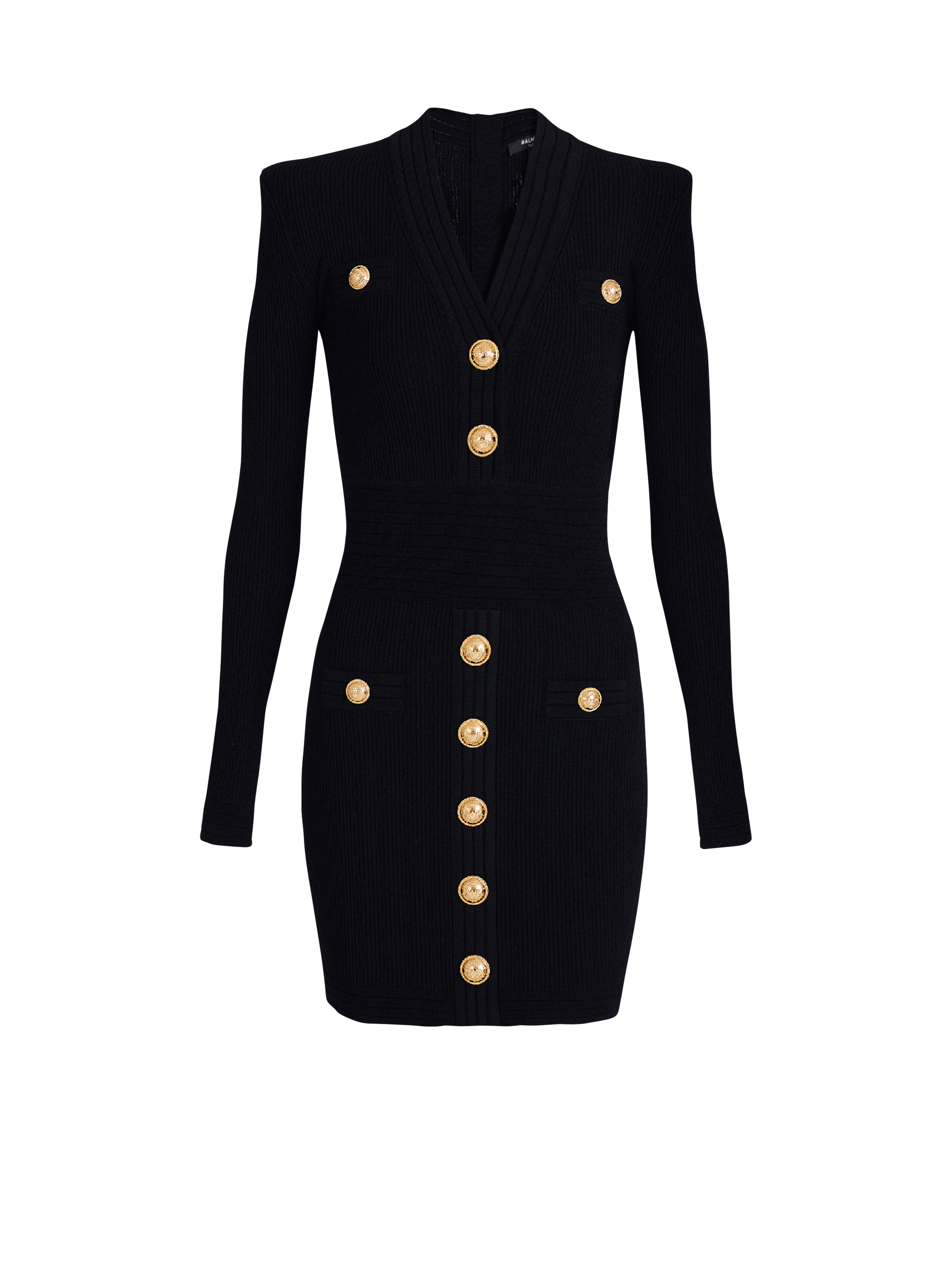 Short eco-designed knit dress with gold-tone buttons, black, hi-res