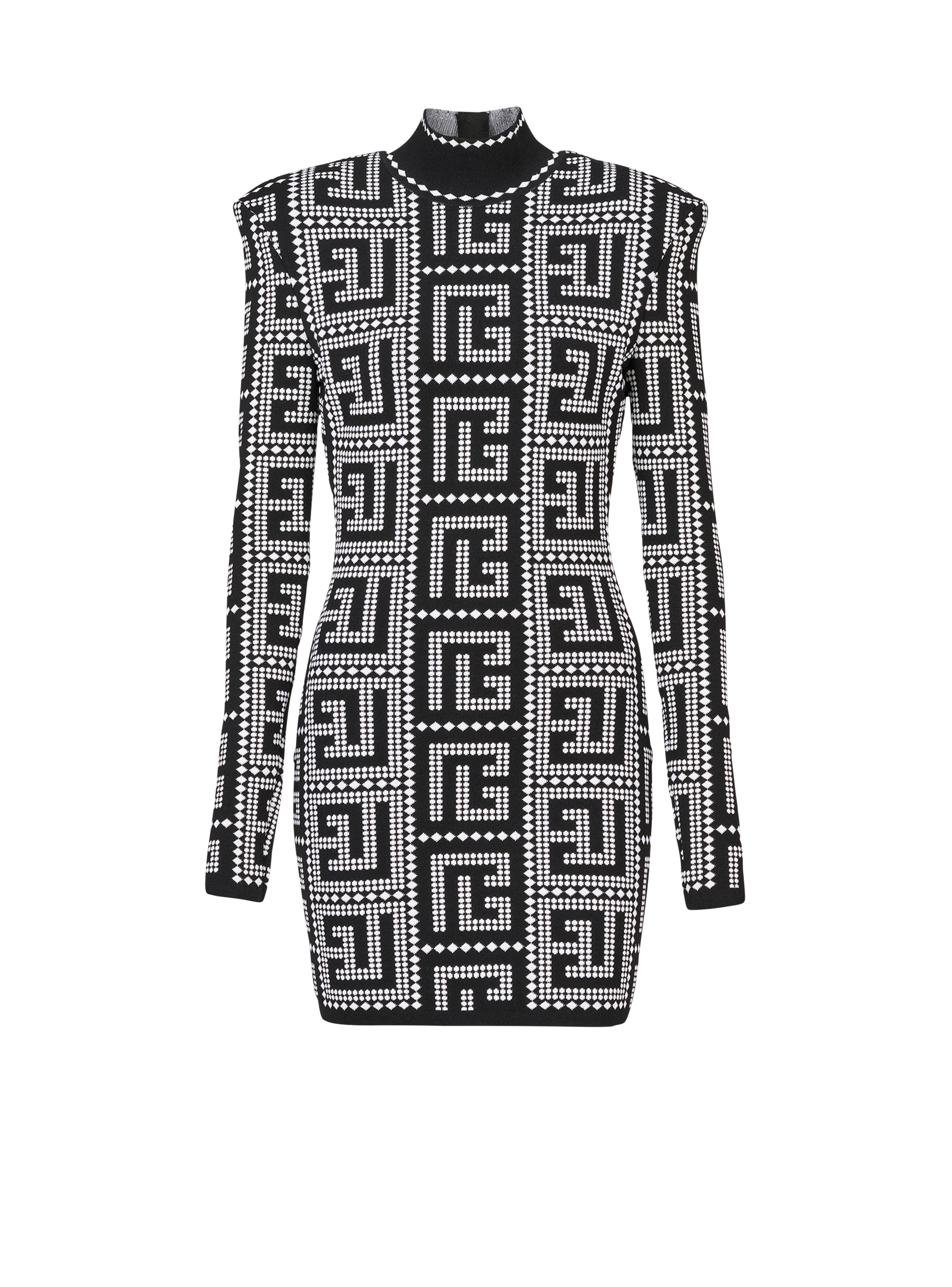 Short eco-designed dress with mosaic Balmain monogram, black, hi-res